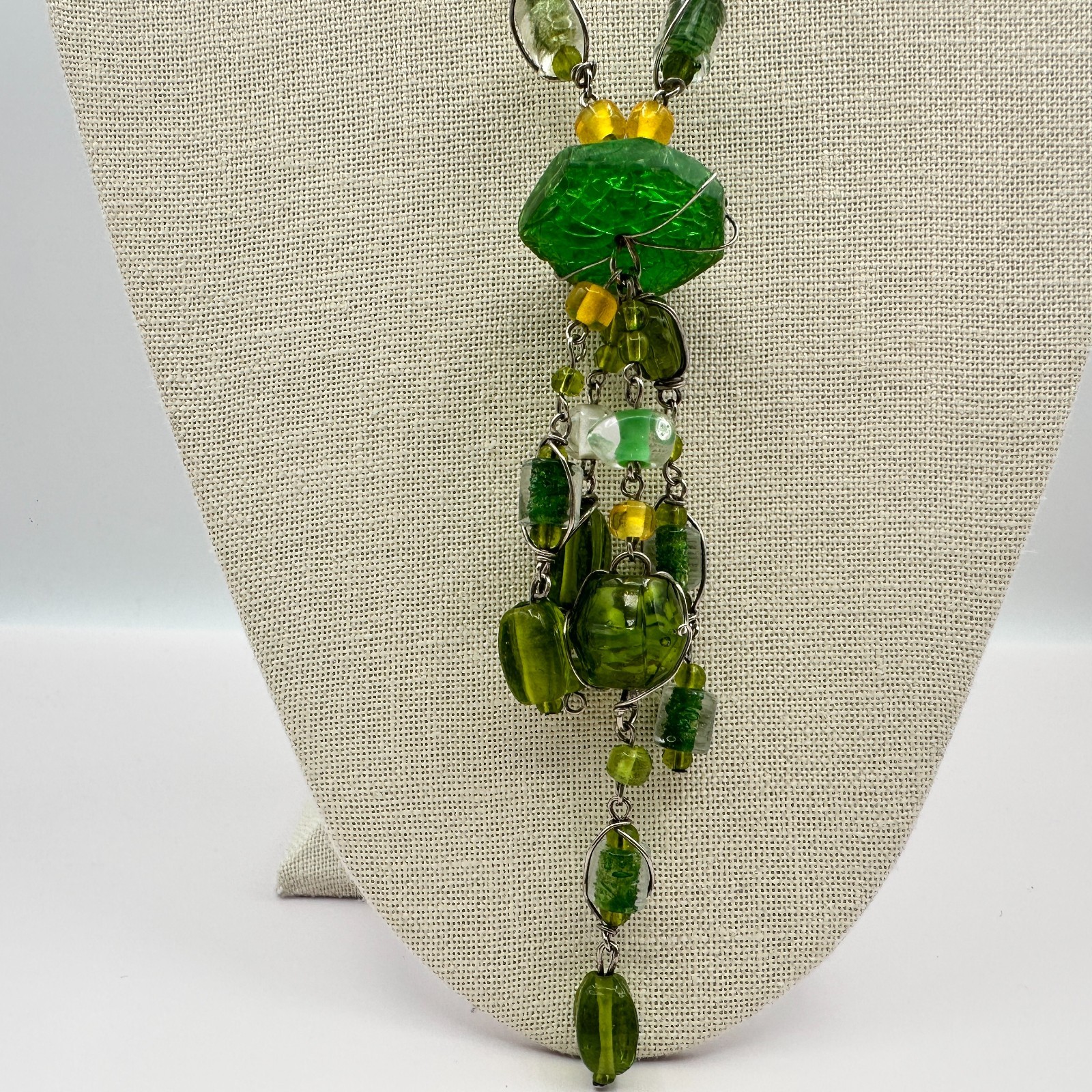 Vintage Green Glass Bead Tassel Necklace Wire Wrapped Yellow Crystal Y Drop Boho