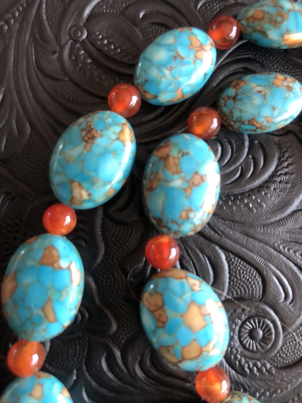 Mosaic Turquoise Beads, Natural Orange Agate Beads 18” Necklace, 925 Clasp