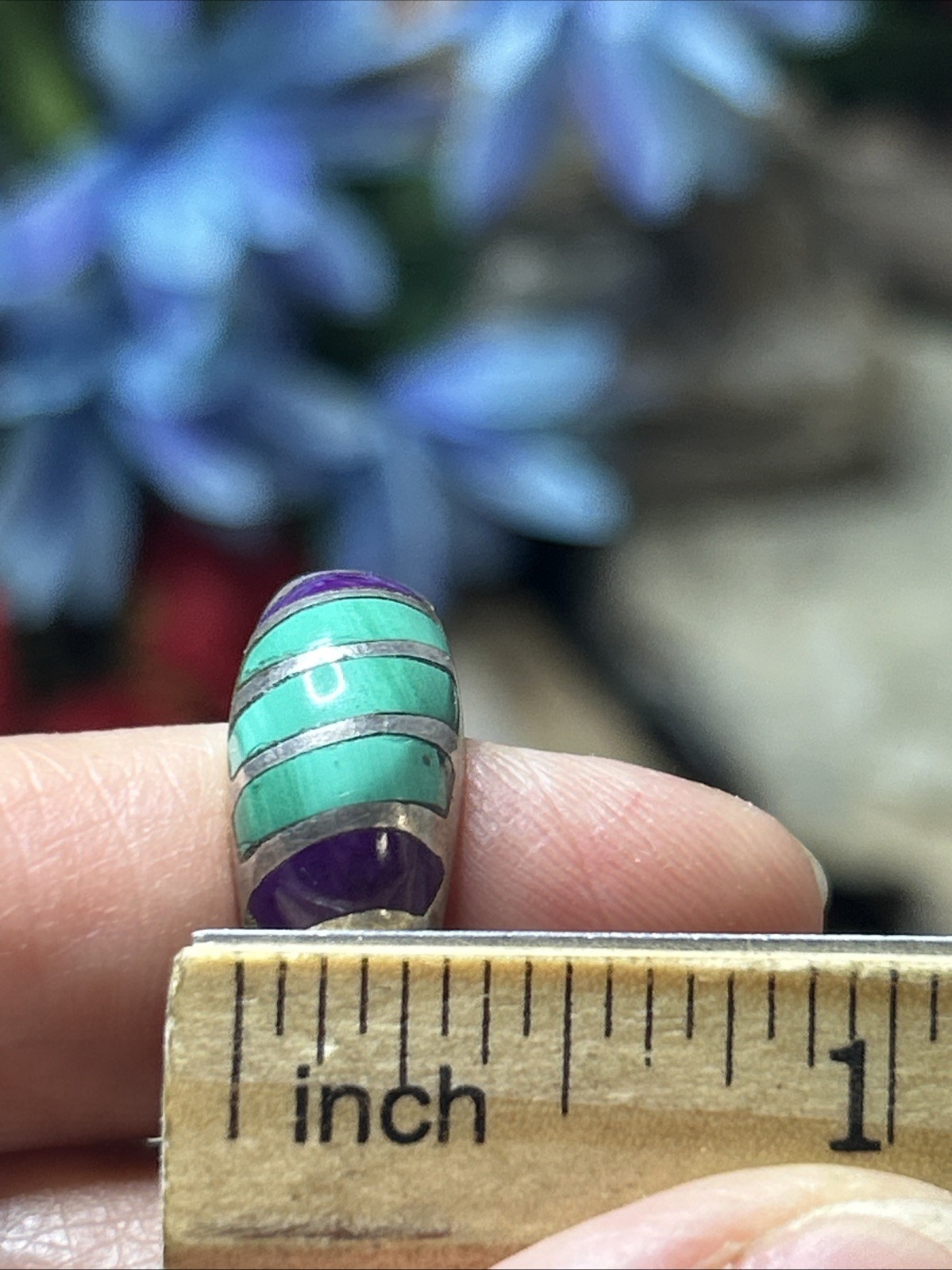 50. Vintage TAXCO Sterling 925 Green Purple Stone Inlay Ring 8.25s, 10.8g, Mex