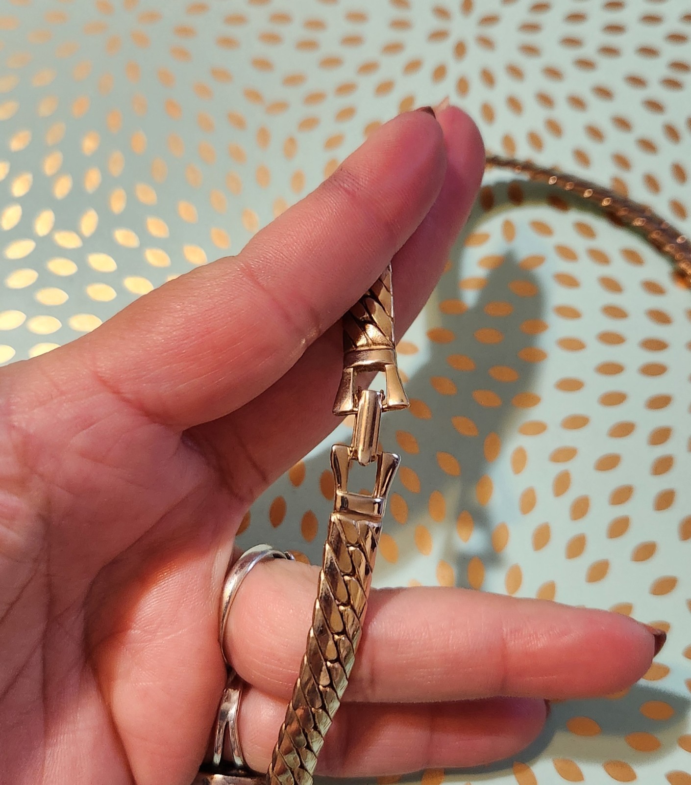 Flat Gold-toned Necklace V Shape Rhinestones Station Pendant & A Red Dot Glass