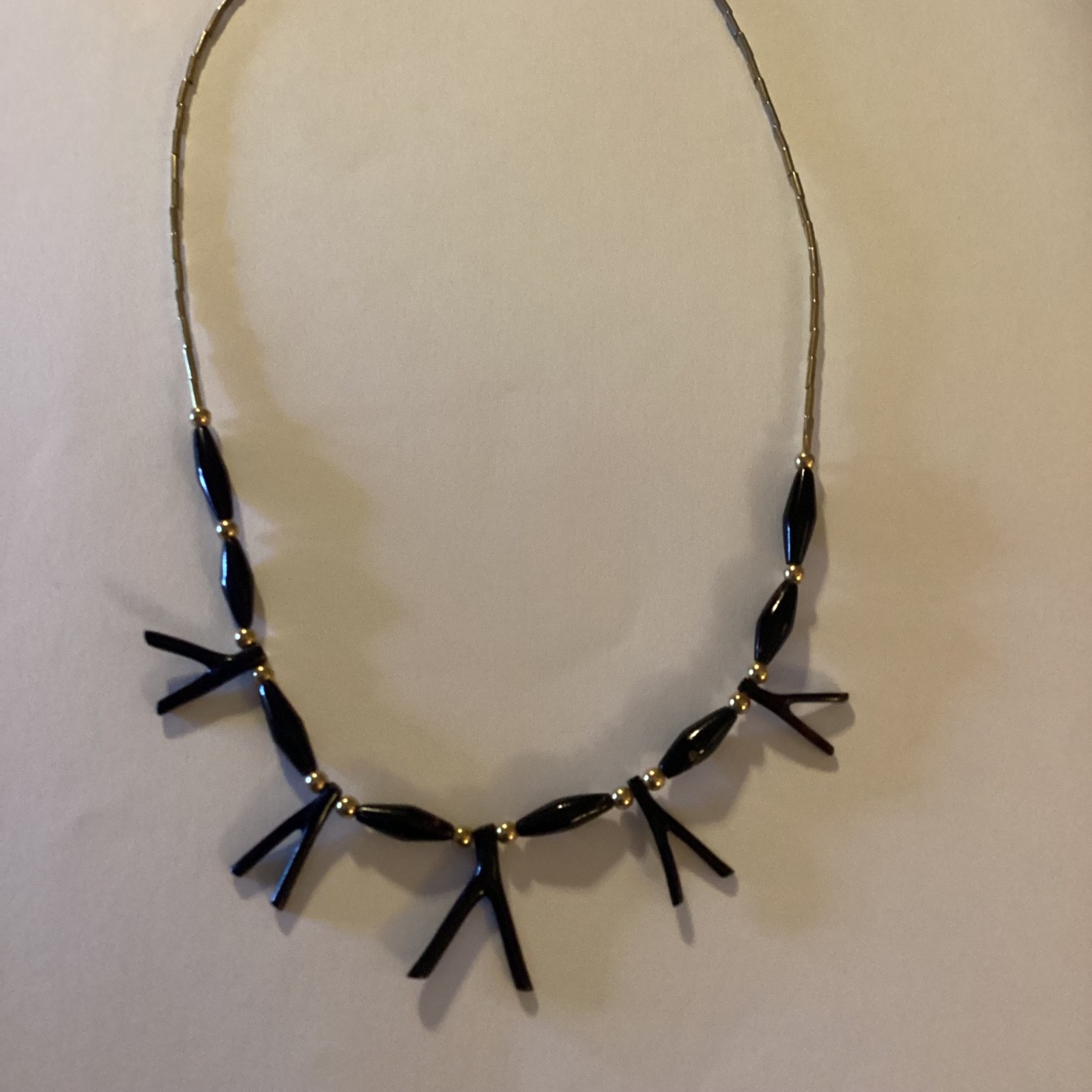 Vintage Black Coral Necklace Gold Tone Beads Mid Century Modern Statement