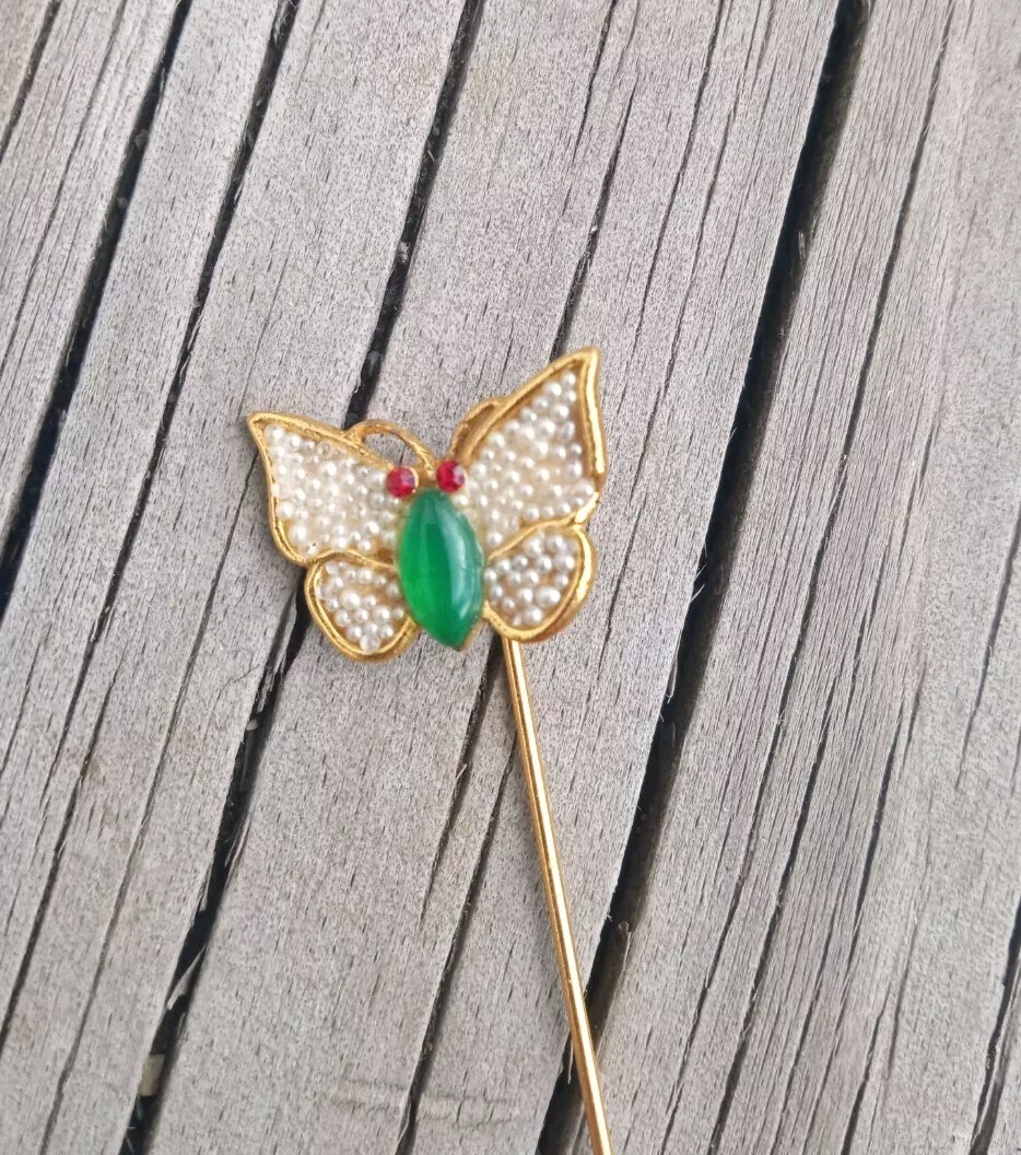 BSK Butterfly Stick Pin Hat Pin Glass Beading W Red Rhinestone Eyes