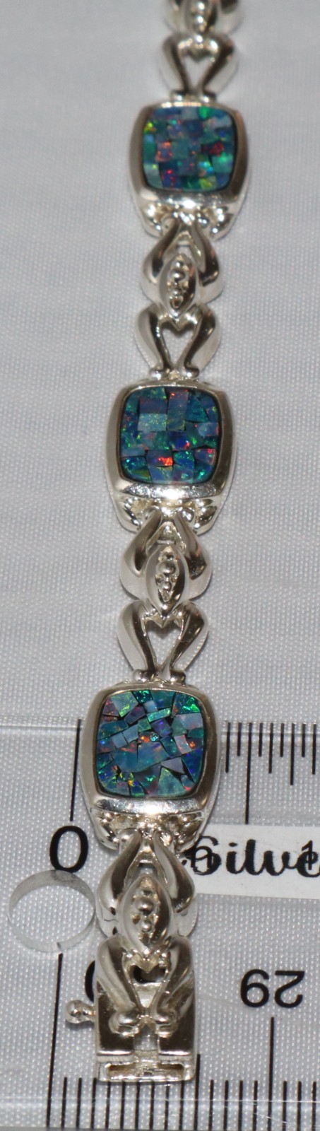 Vintage Sterling Silver Mosaic Opal Gem Inlay Link Michelle Albala Bracelet 7.5