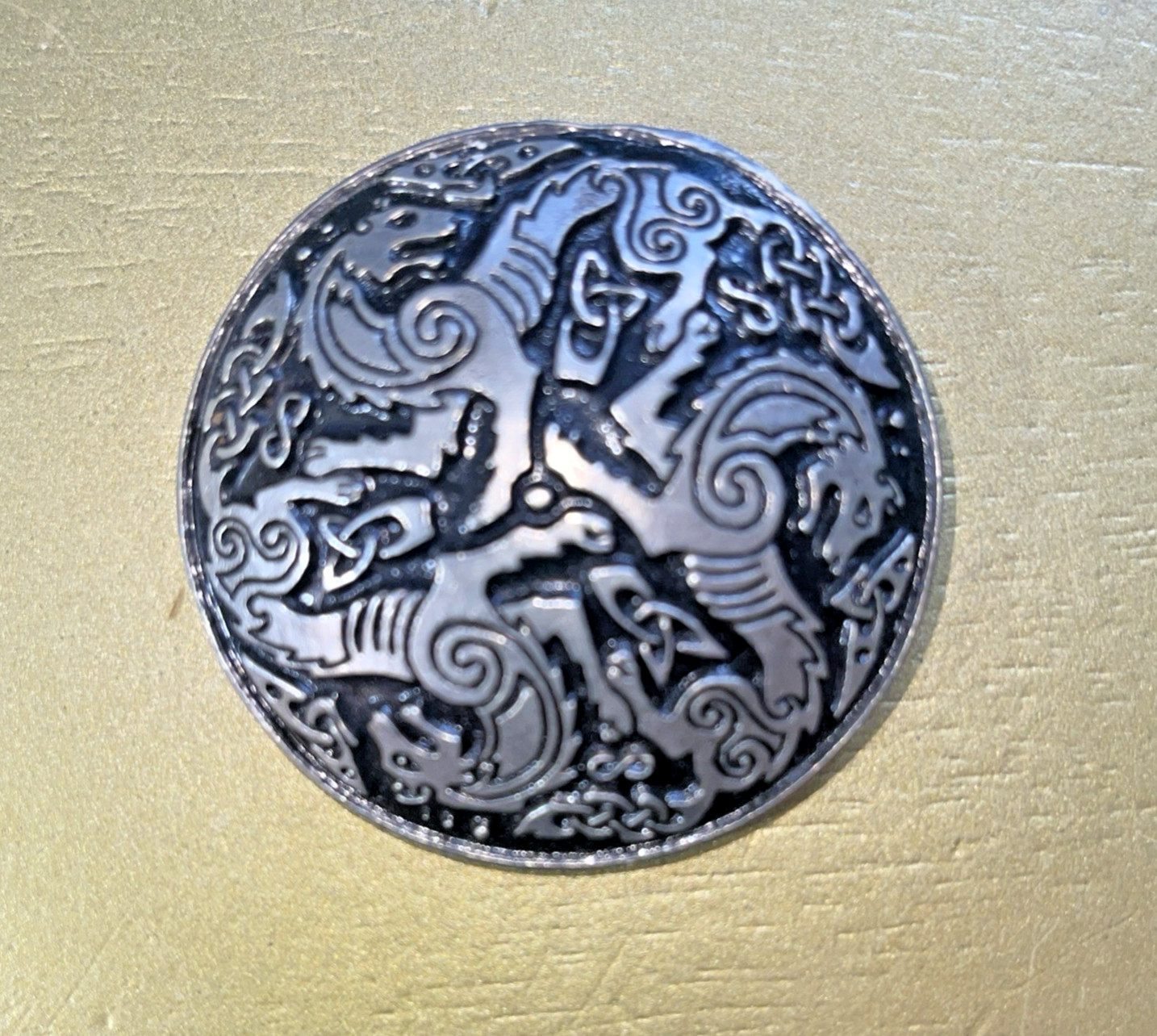 Celtic Wolf Brooch Pewter Pin with Intertwined Wolves 2.25 Inches Long