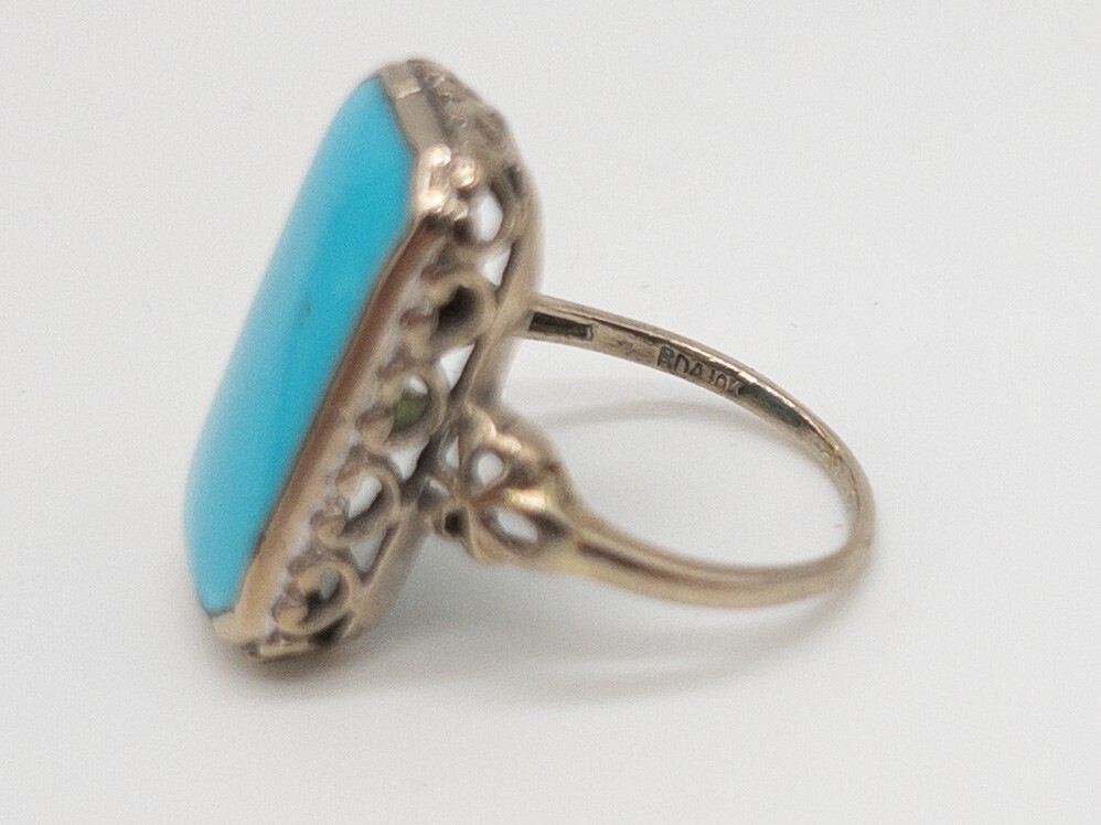 Antique Edwardian 1900s BDA 5ct Natural Turquoise 10k White Gold Filigree Ring