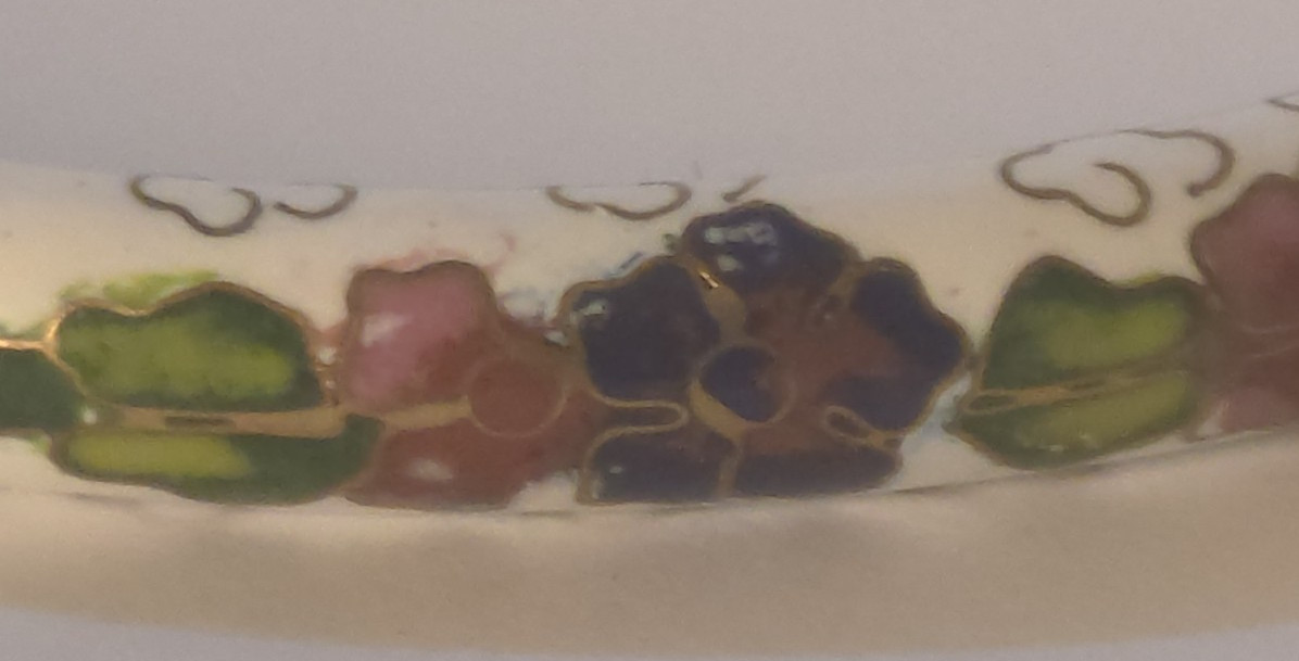Vintage white Cloisonne bangle bracelet purple red green flower 8″
