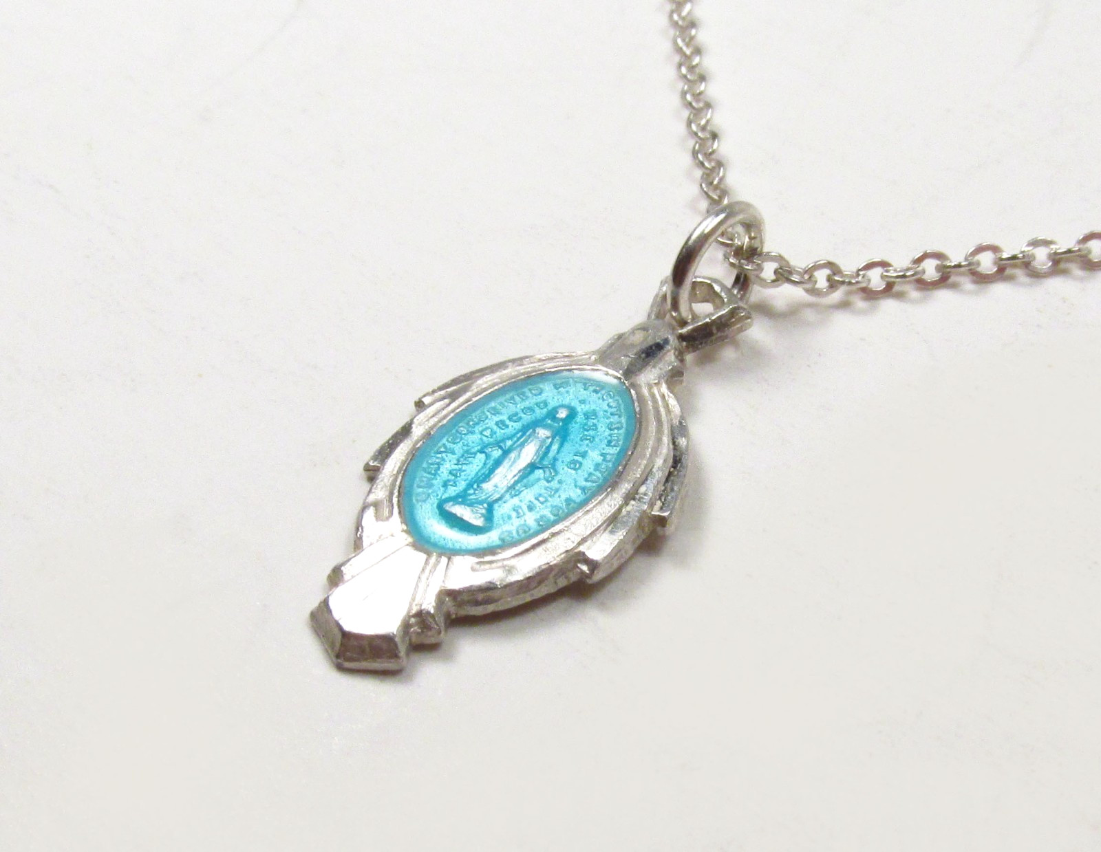 Vtg Catholic Miraculous Medal Sterling Silver Blue Enamel Art Deco Necklace 18″