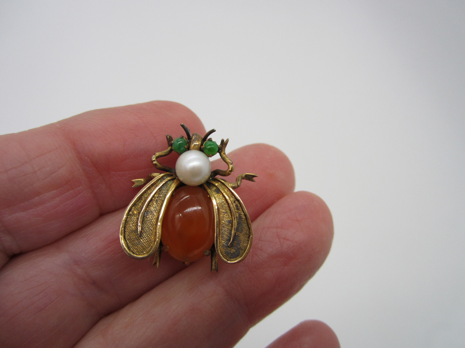 Estate Vintage 14k Yellow Gold Orange Opal Pearl Jade Fly Insect Bee Brooch