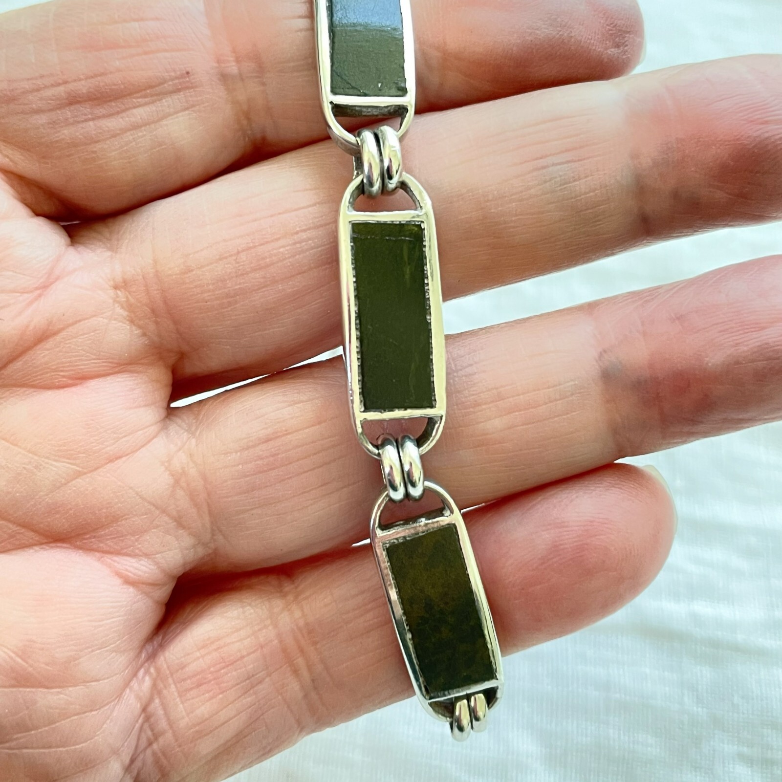 Vintage Los Castillo Onix Negro Fish Necklace/Bracelet Set, Sterling Silver Onyx