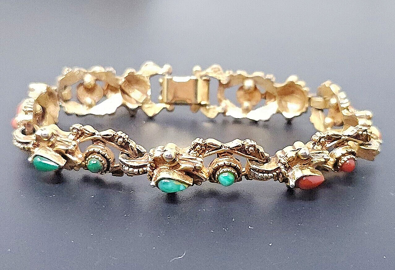 Vintage Florenza Green Red Stones Gold tone Link Bracelet 7″