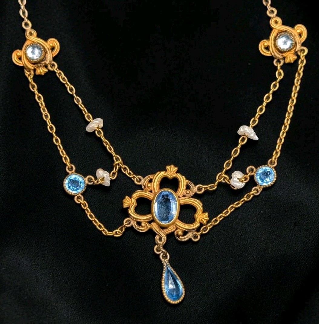 AMAZING Art Nouveau Era Festoon Blue Glass Pearl Antique Vintage Necklace 16″