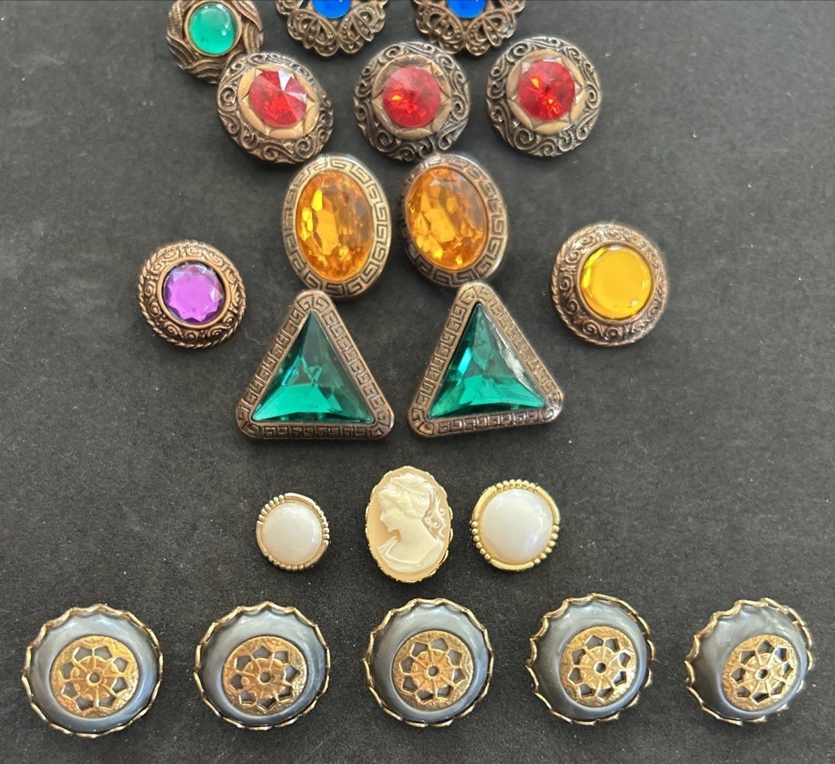 Vintage Costume Jewelry Button Lot Of 20 Yellow Red Blue Purple Green Gray White