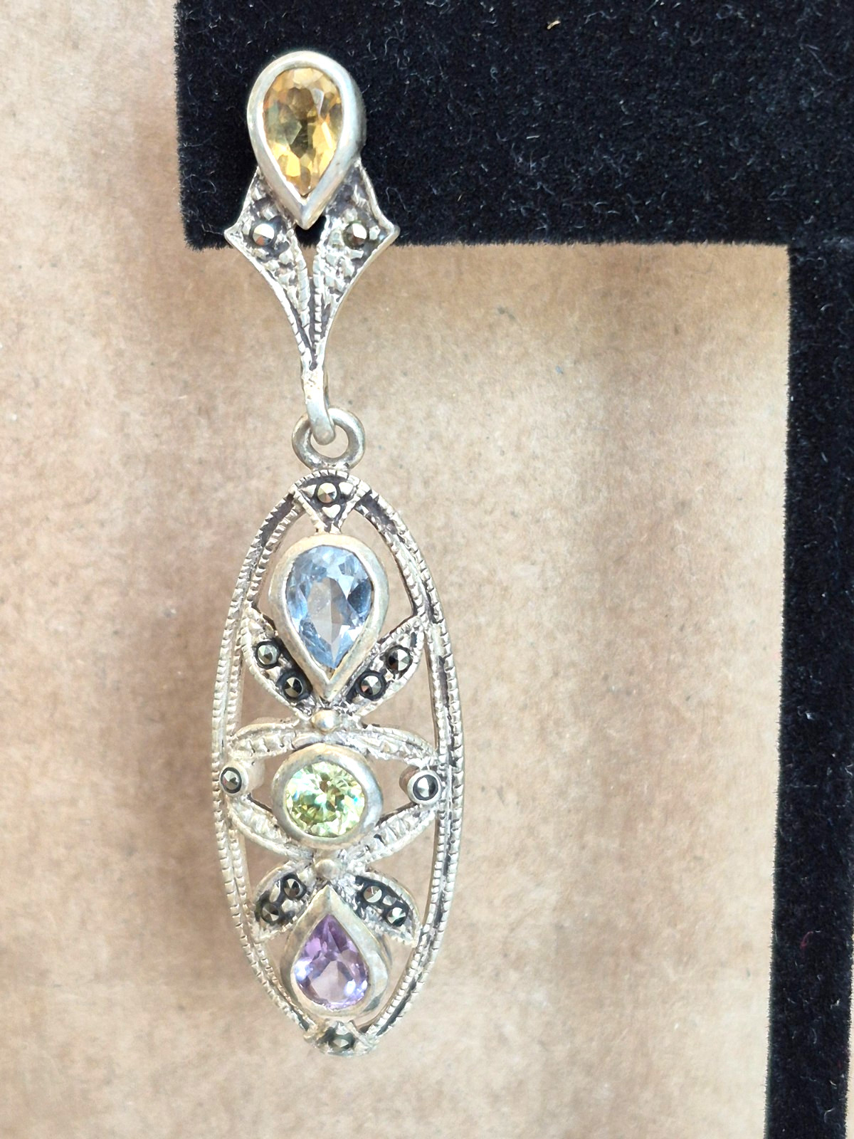 Vintage CW Marked Sterling Silver Multicolor Gemstone Marcasite Dangle Earrings