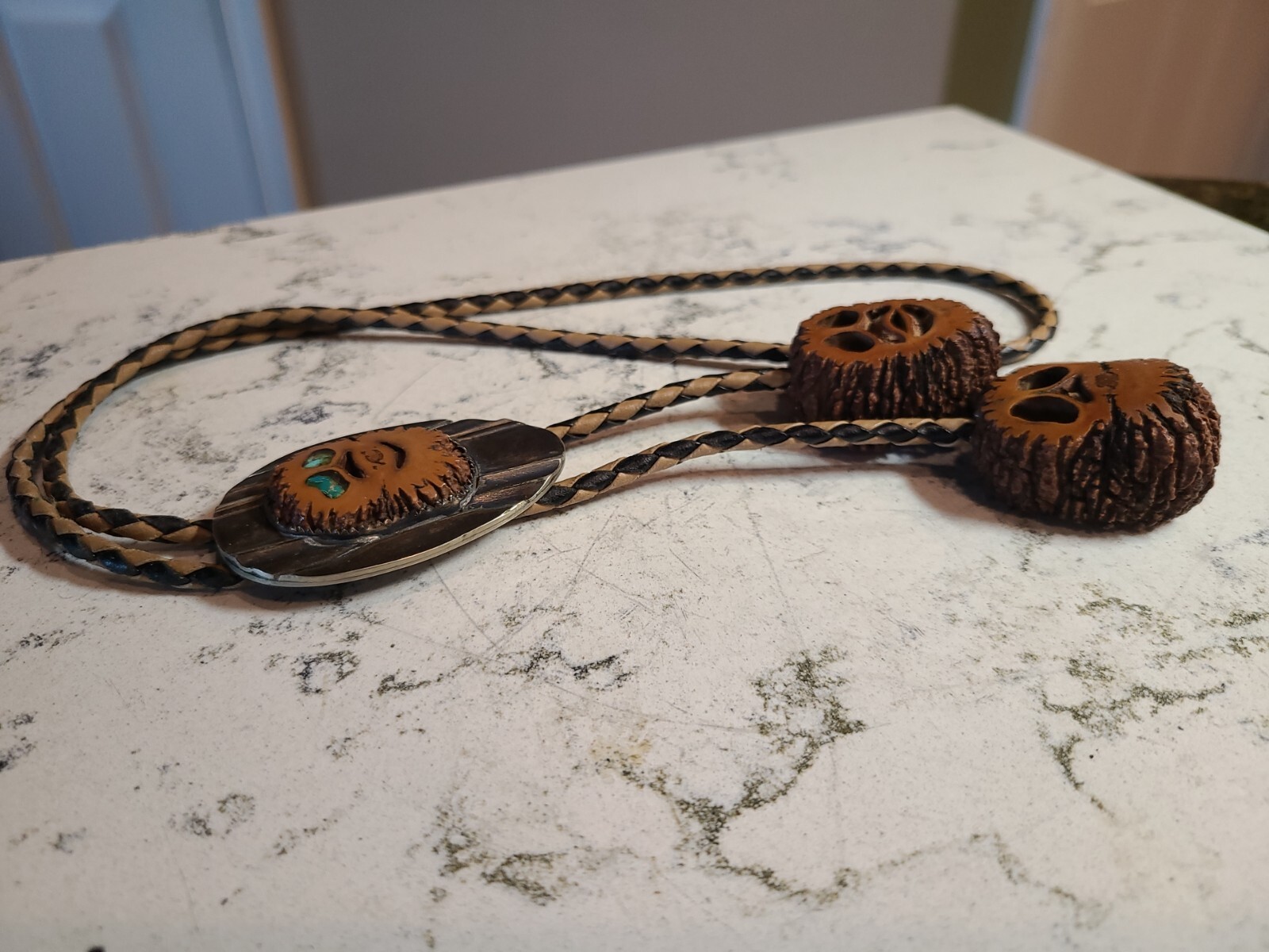 Native American Bolo Tie AMAZING DETAIL Metal and Nut Shell Turquoise Eyes EUC