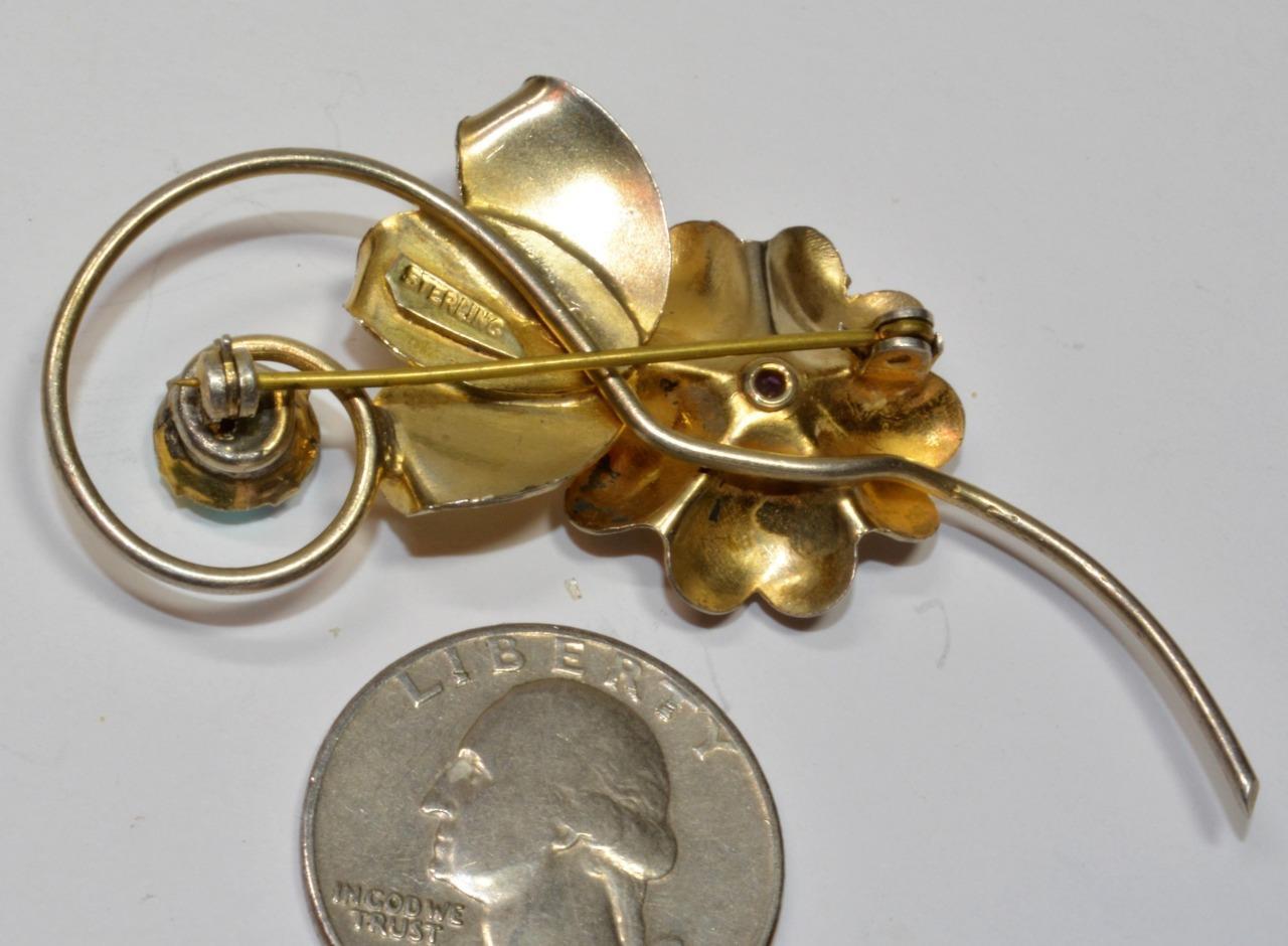 Stamped STERLING Gold Vermeil Rhinestones FLOWER Shape Pin Brooch 7.98g