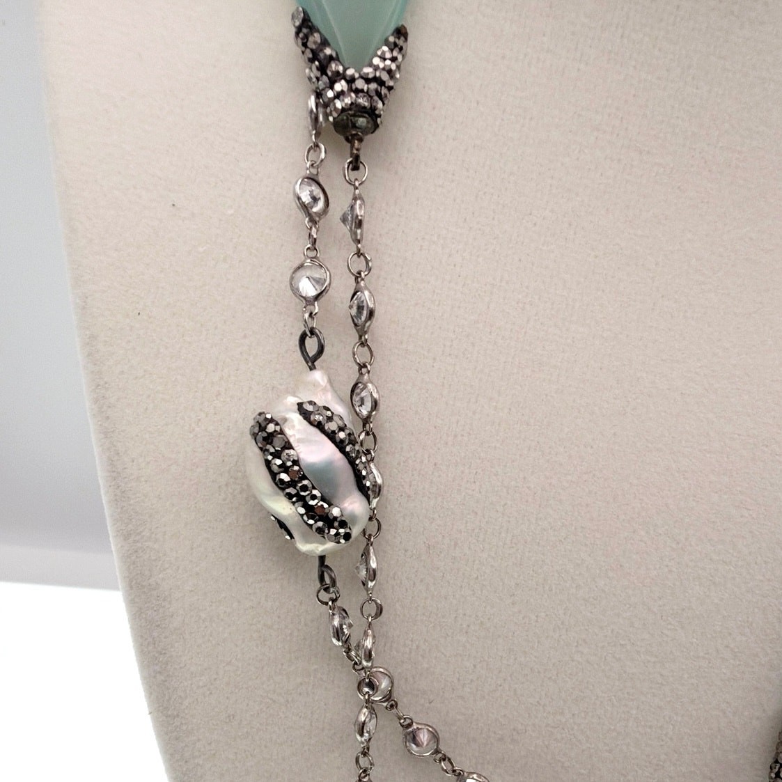 Sterling Silver Necklace Chalcedony Charms and Fresh Water Pearls 40”
