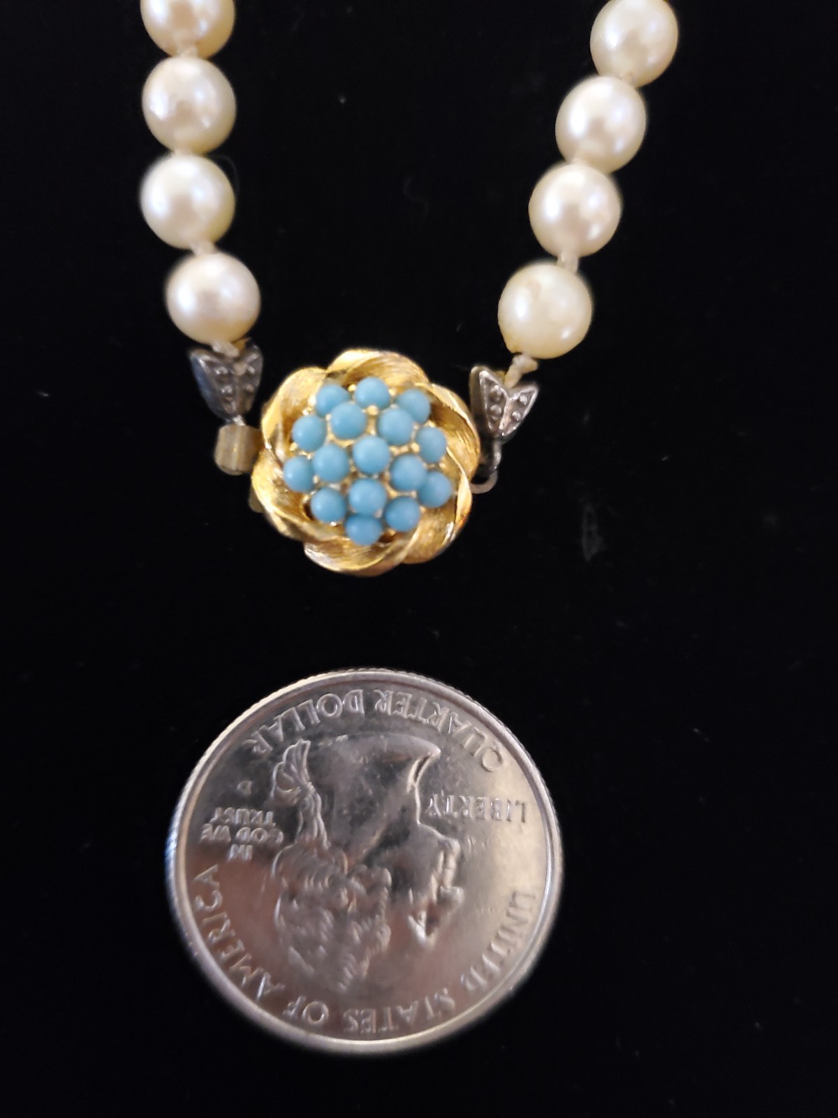 Vintage Single Strand Pearl Hand Knot Necklace Ornate Gold Turquoise Clasp Gift