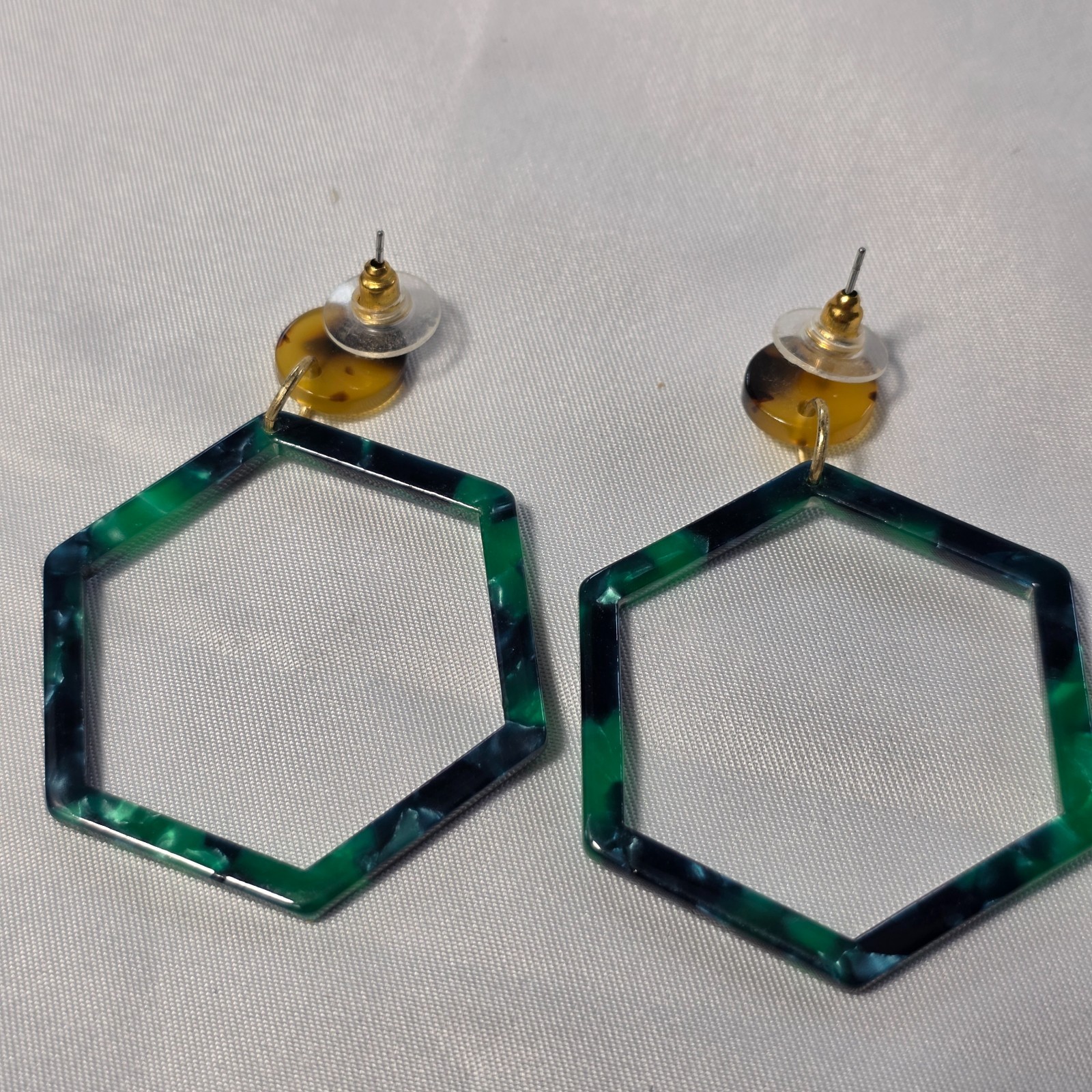 Green Hexagon Acrylic Hoop Earrings Polished Tortoise Shell Finish