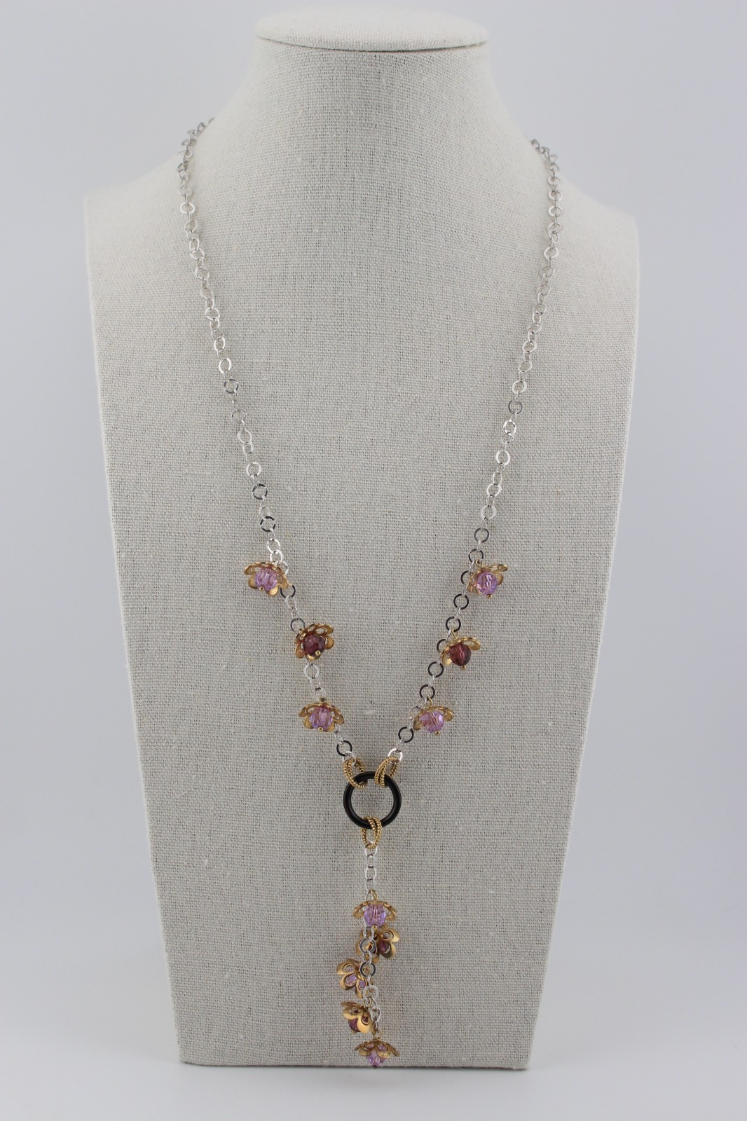 Sterling silver and gold over silver Y drop style necklace purple crystals 19″
