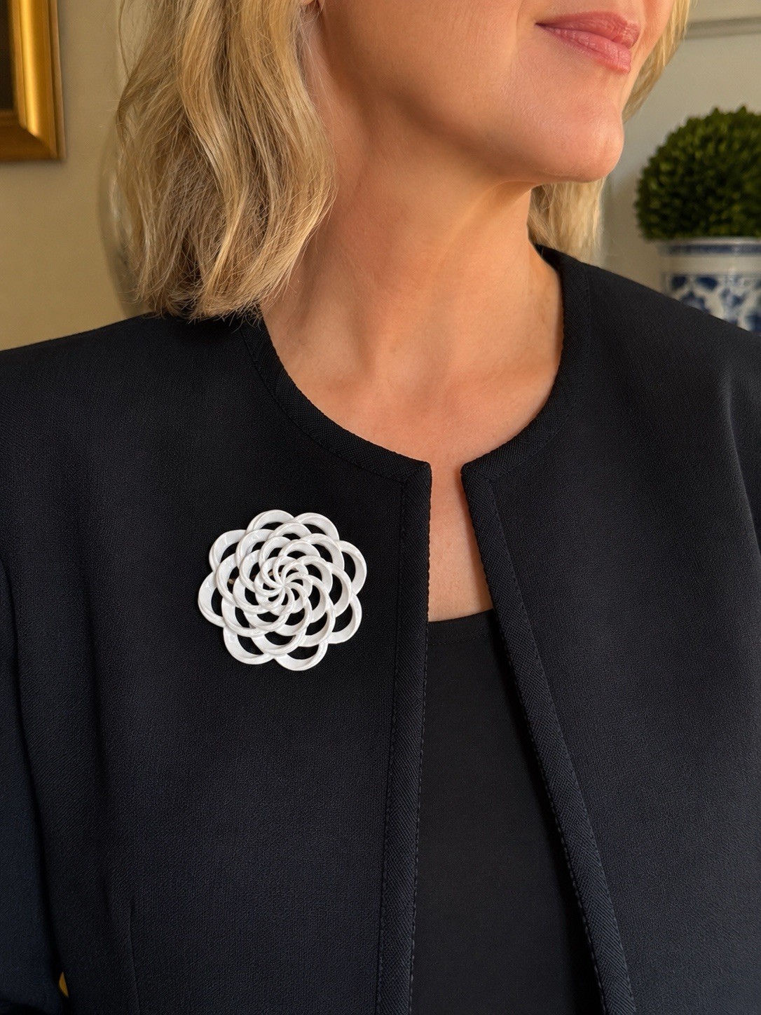 Vintage Signed Trifari White Enamel Spiral Brooch