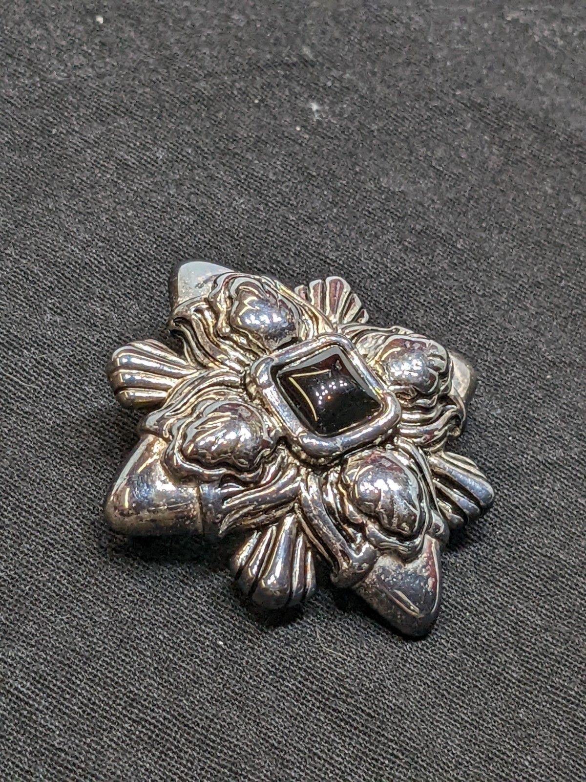 Vintage Monet Gothic Revival Brooch Ornate Silver Tone Pin Black Faux Onyx 70s