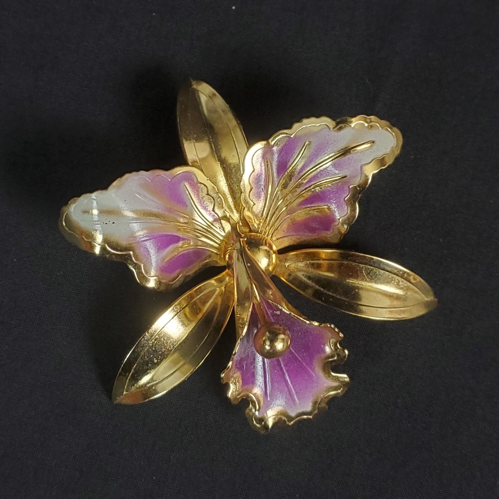 Flower Orchid White Purple Enamel Vintage Gold Brooch Statement Pin Large
