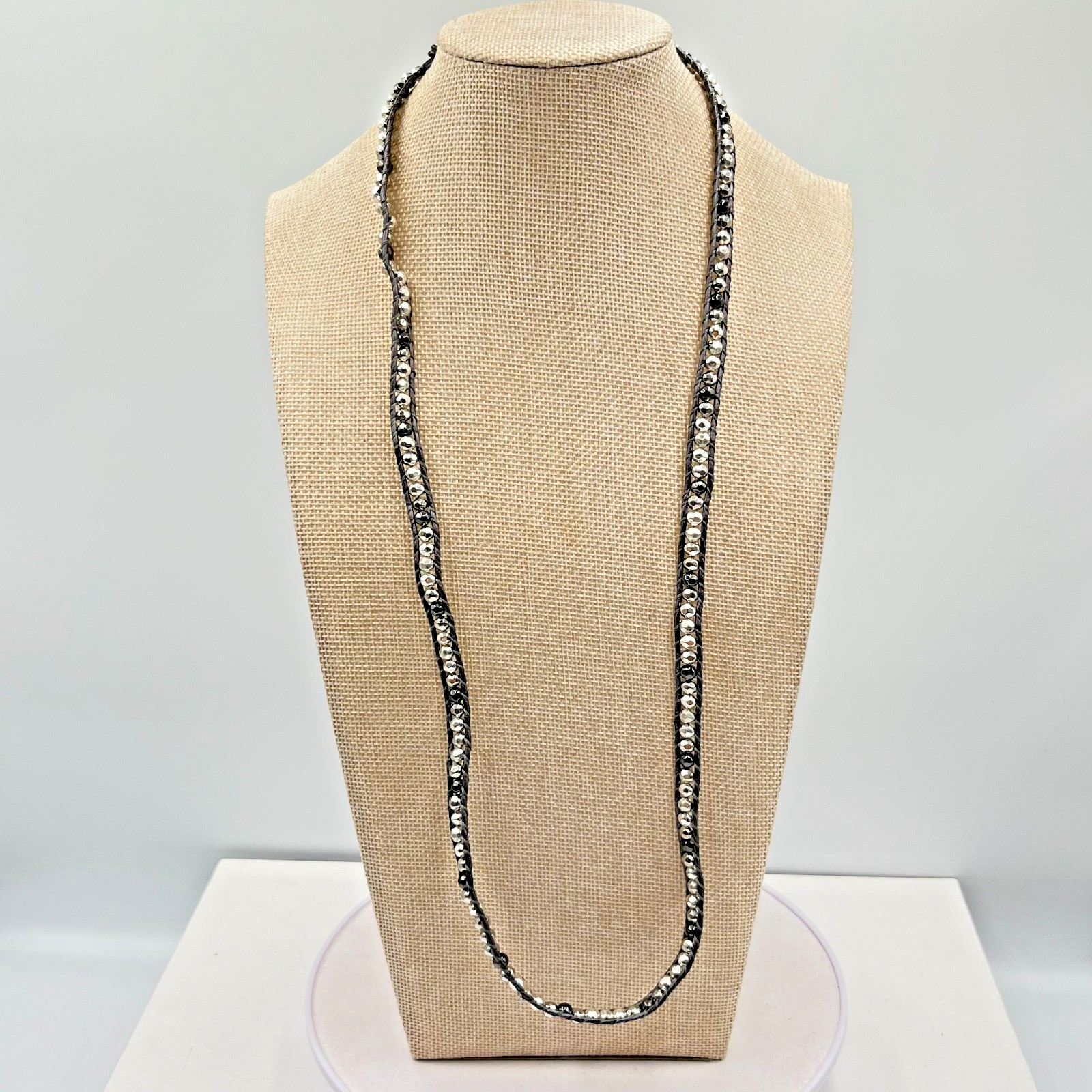 Vintage Boho Silver Mixed Bead Brown Leather Wrap Necklace Bracelet Adjustable