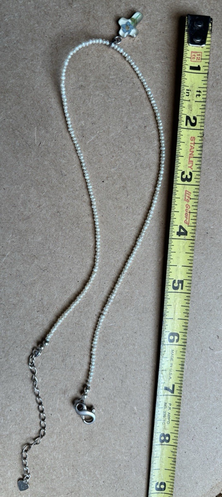 VTG 925 Sterling Tiny Pearl Bead Pressed Flower Cross Pendant Necklace 17”