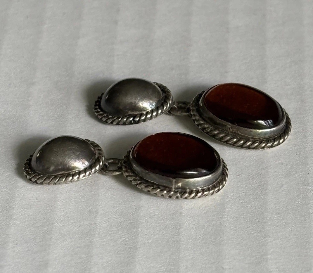 Vtg 925 Sterling Amber Cabochon 1-1/4” Dangle Drop Post Earrings Mexico 8g