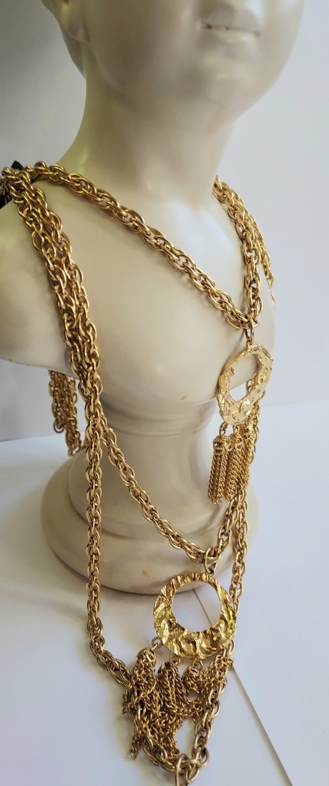 Vintage Multi Strand Festoon Tassel Necklace Circle Pendant Gold Tone Statement