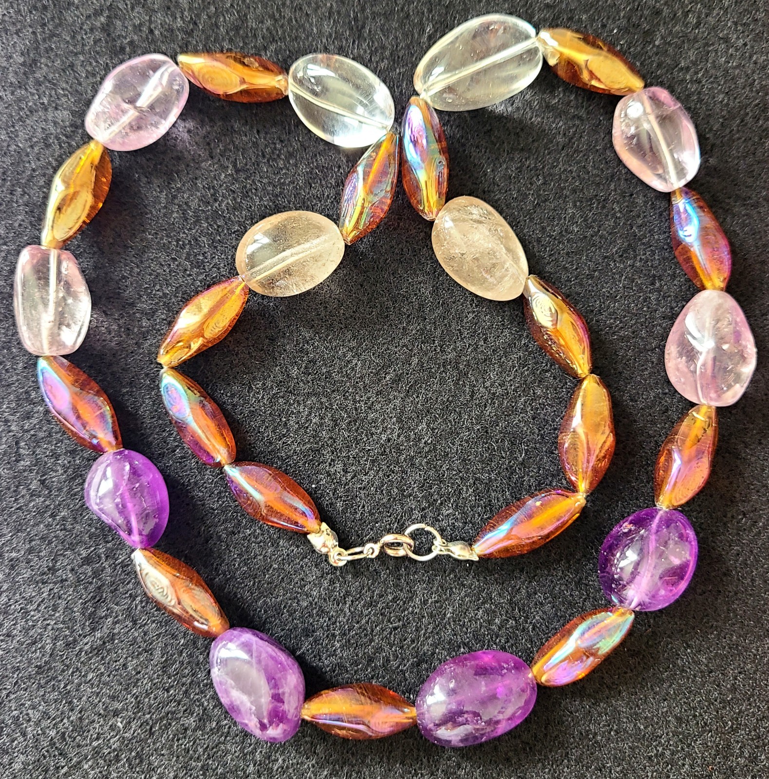 VINTAGE STUNNING MULTICOLOR AMETHYST ROSE QUARTZ GEMSTONE NECKLACE