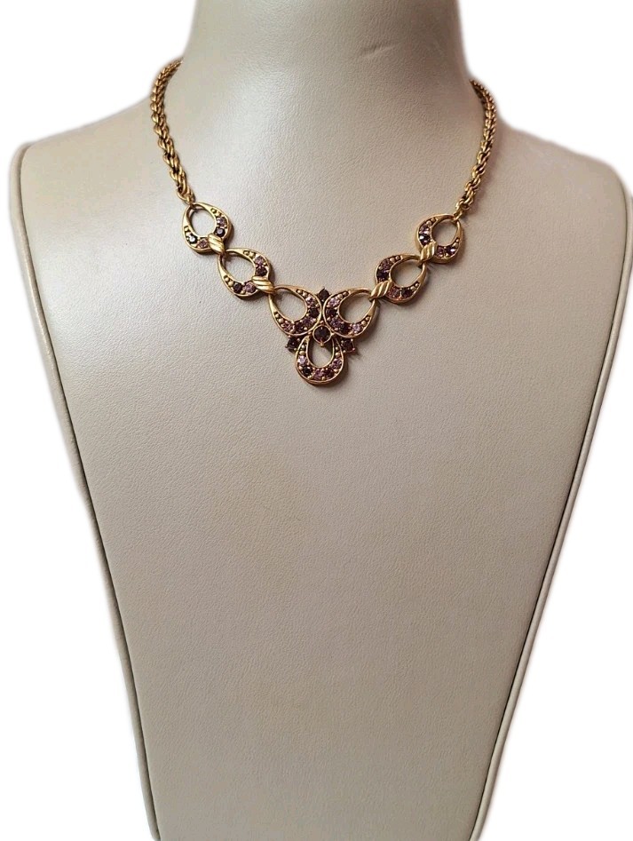 VTG Rosegold CopperTone Link Chain Necklace Princess Purple Lavender Crystals