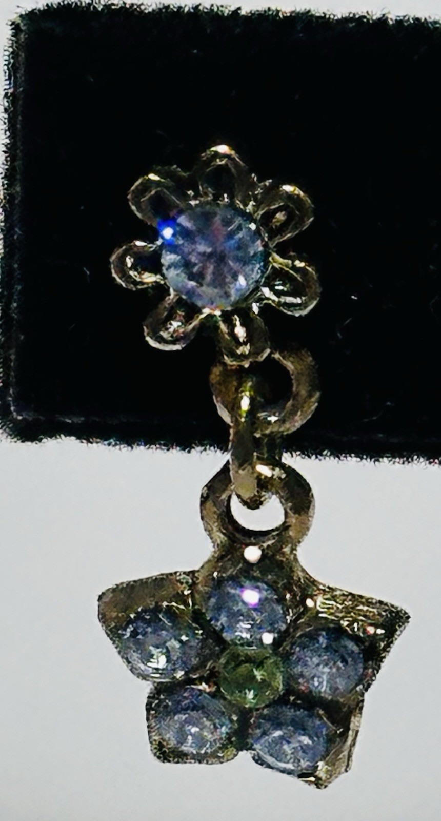 Antique Gold Tone Flower Dangle Earrings Blue And Green Rhinestones 3/4 In