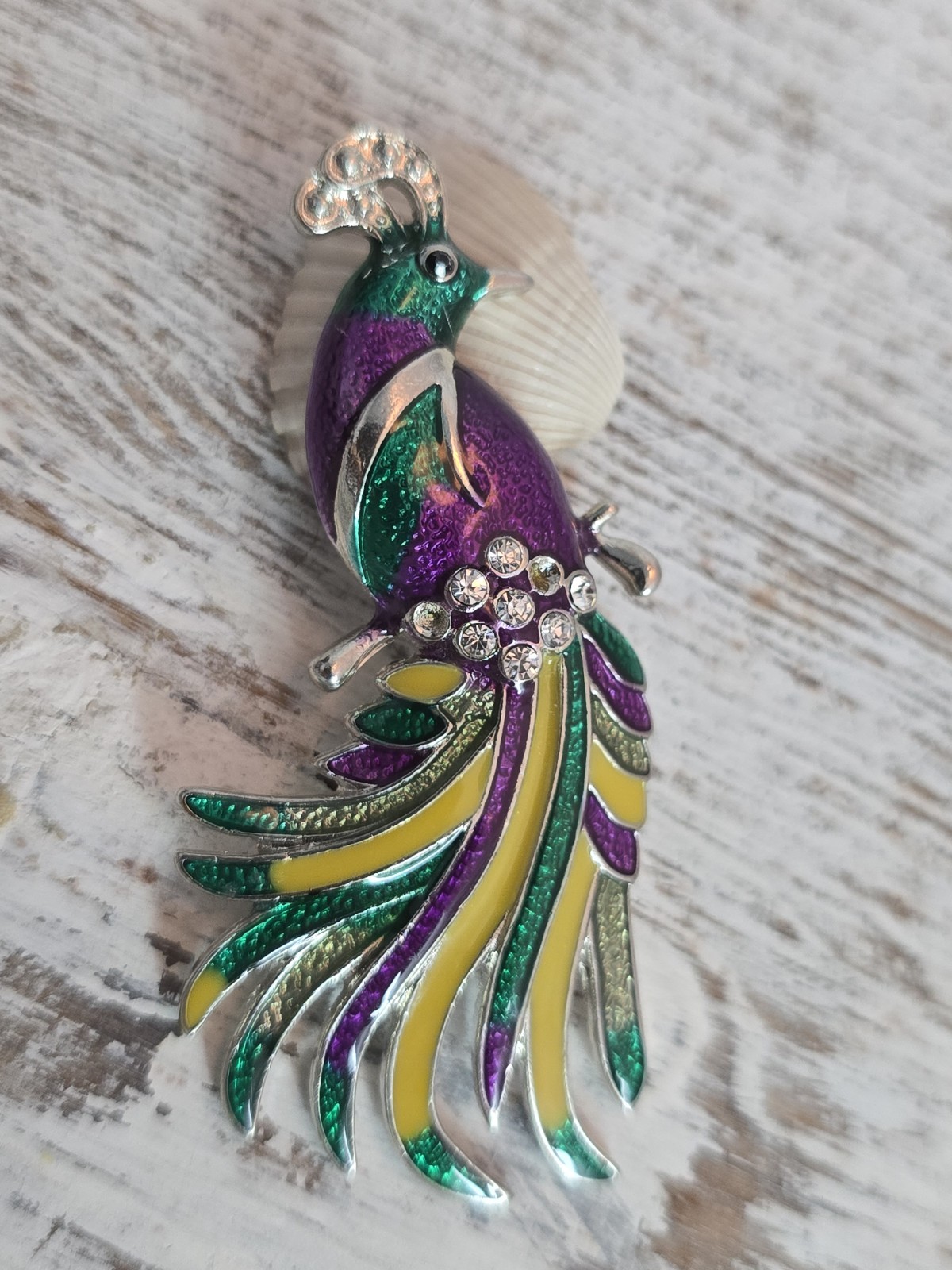 Peacock Bird Animal Brooch Purple Green Yellow Enamel Rhinestone Pin READ #194