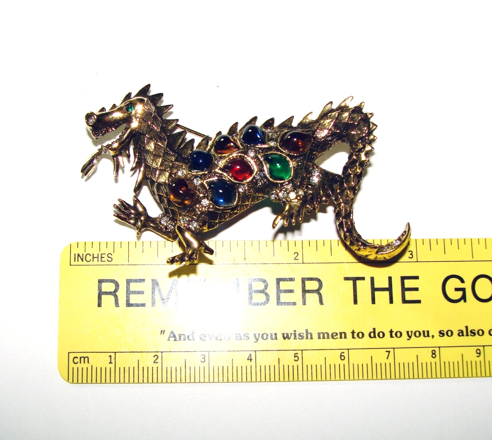LA ROCO VINTAGE GRIPOIX GLASS MOGUL STYLE RHINESTONE DRAGON BROOCH PIN GOLD TONE