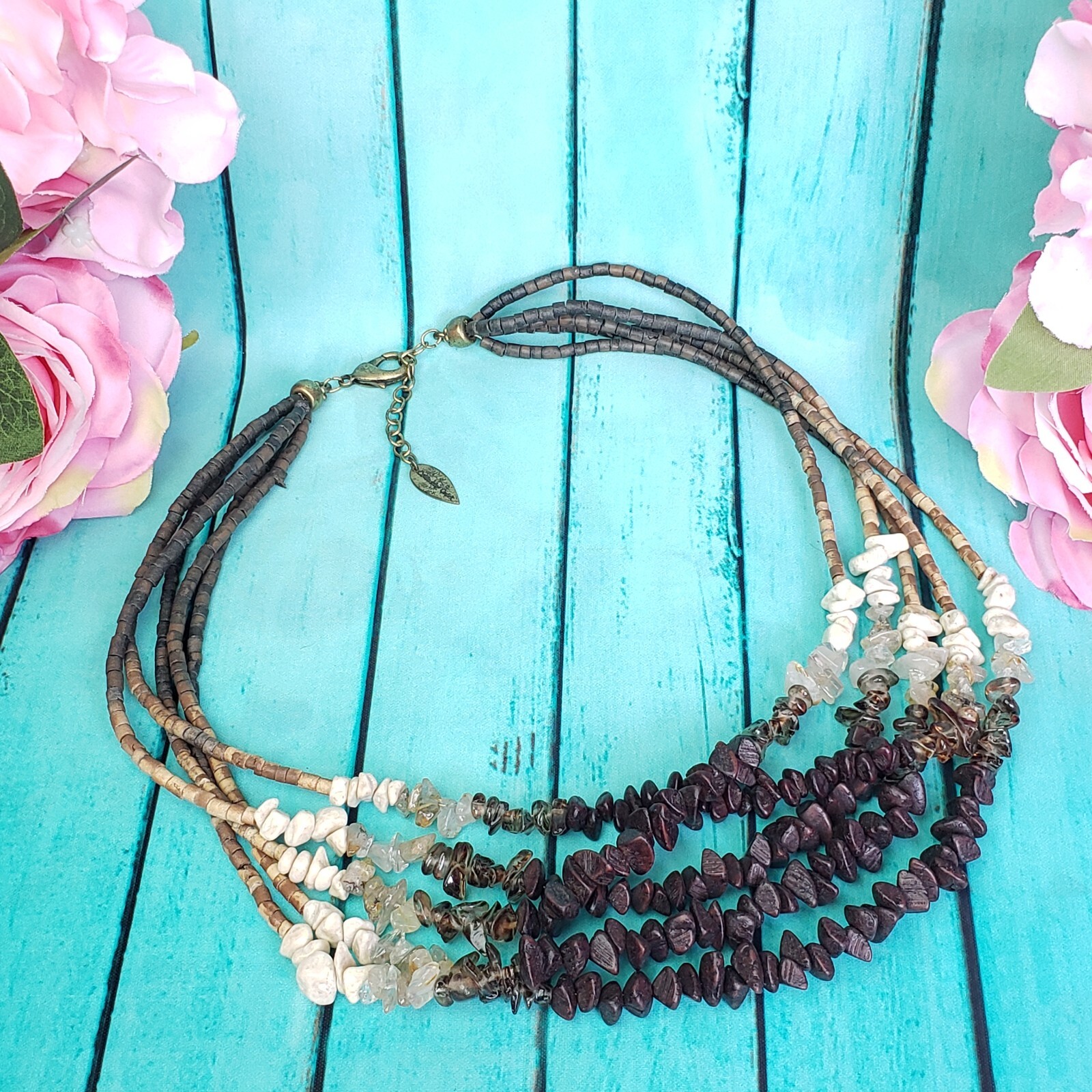 COLDWATER CREEK Quartz Stone & Wood Beaded Multi Strand Necklace Brown Boho