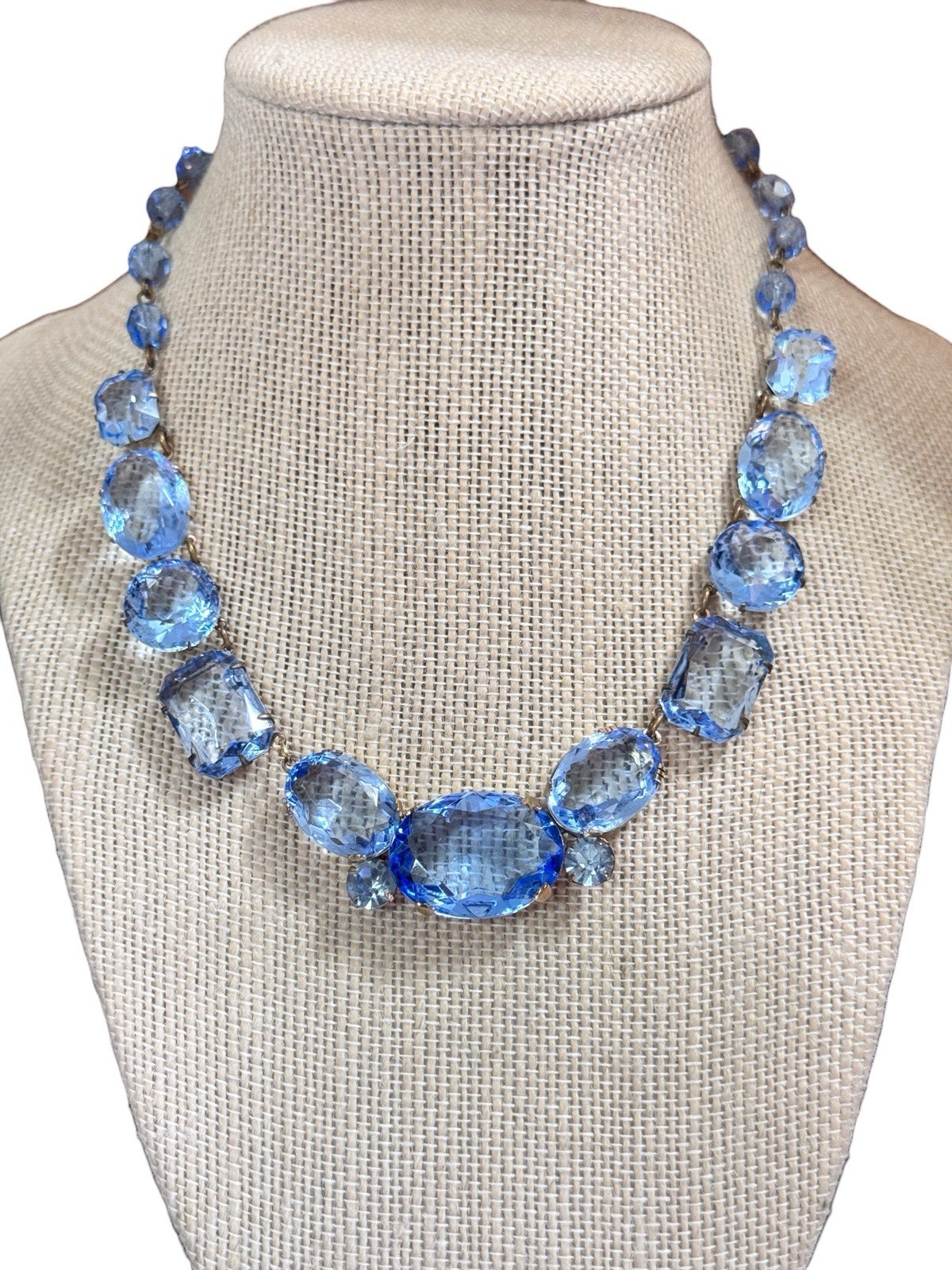Vintage Blue Glass Rhinestone Necklace Signed Frances Hirsch Beautiful 16″