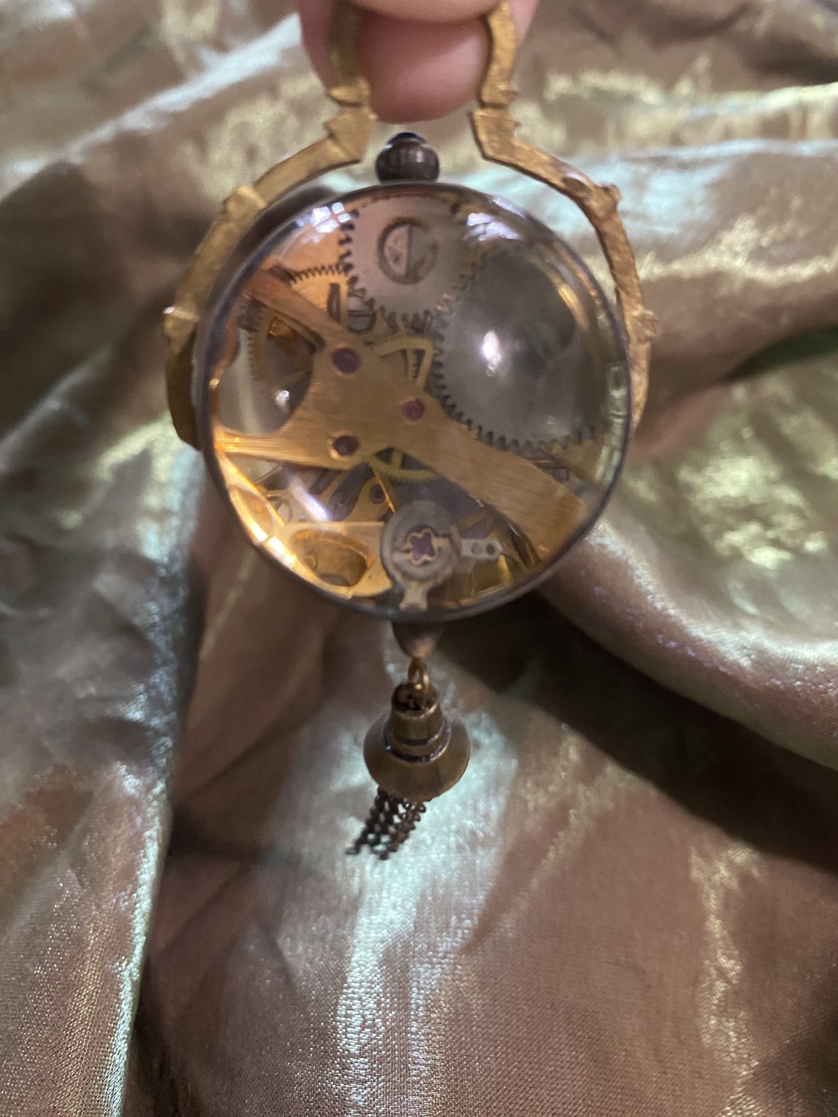 Glass globe pendant watch clock brass tone metal tassel / NOT working