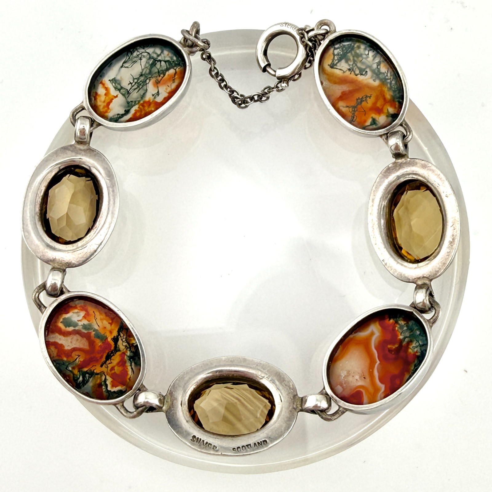 Stunning Vintage Scottish Sterling Silver Moss Agate &Faceted Cairngorm Bracelet