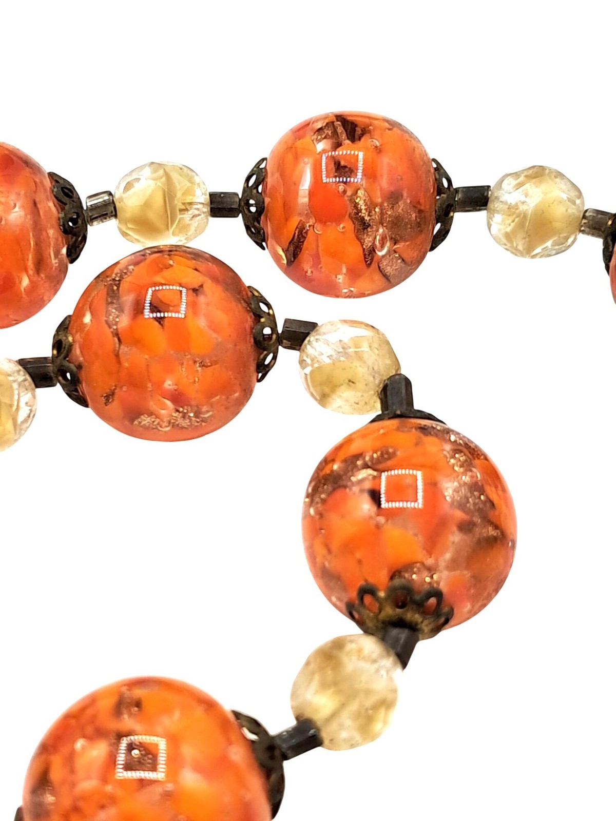 Vintage Murano Glass Necklace Orange Gold Givre Clear Cream Beaded Single Strand