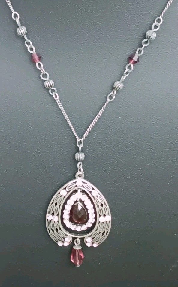 Vintage gunmetal pendant W/ pink rhinestones & purple/pink bead accents, 18-21″