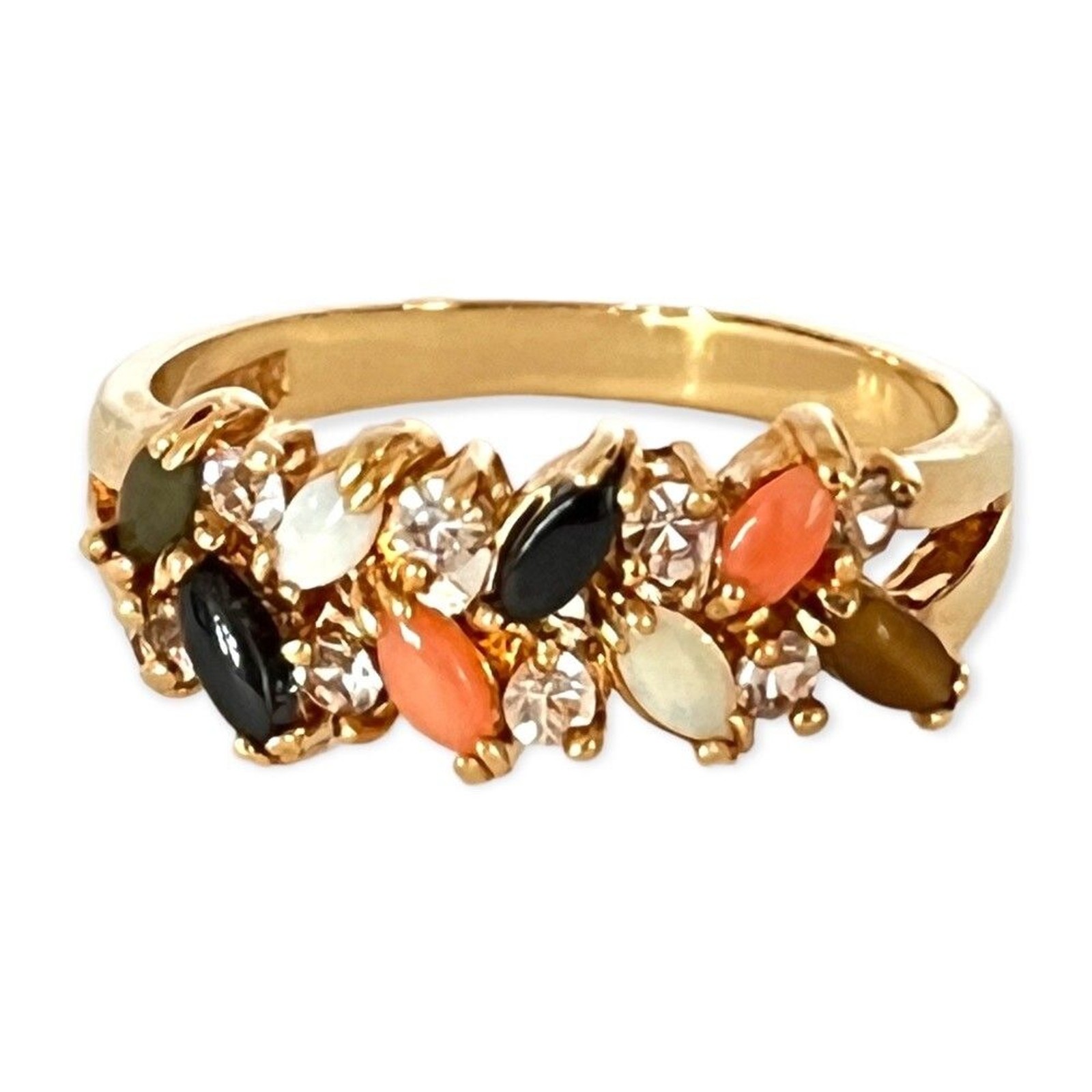 Vintage 1970s Ring Size 5 Opal Onyx Jade Tiger Eye Coral Band Gold Plate – 14M