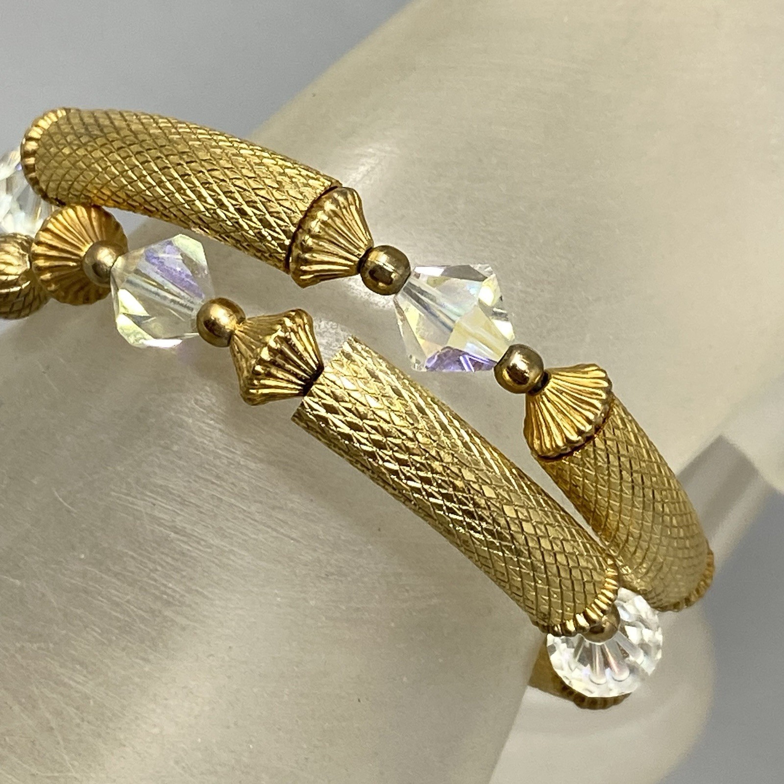 Gold Tone Tube Wrap Bracelet Crystal Bicone Aurora Borealis Bead Accents VTG