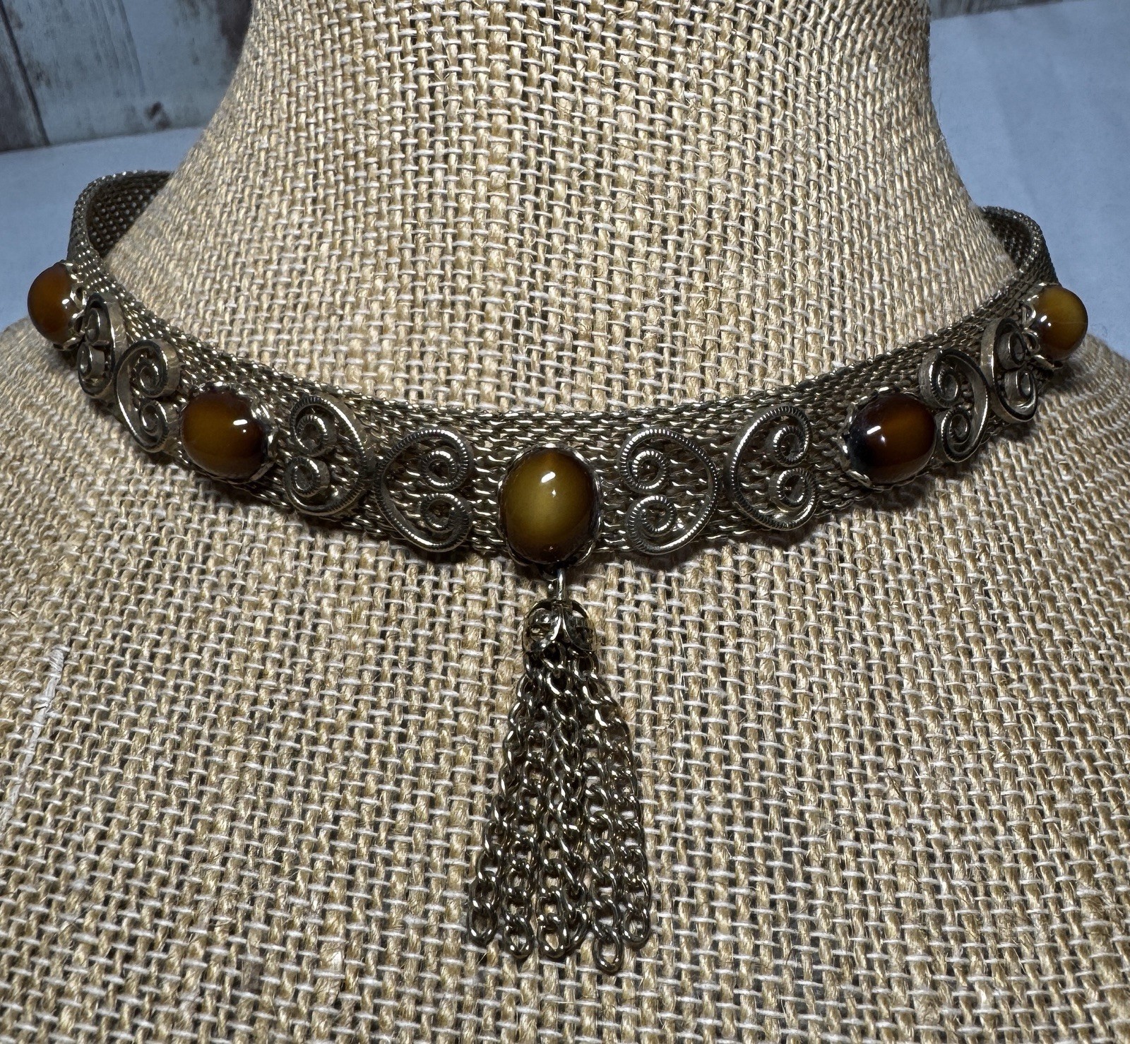 Vintage Victorian Revival Mesh Gold Choker Necklace Tigers Eye Cabochons Estate