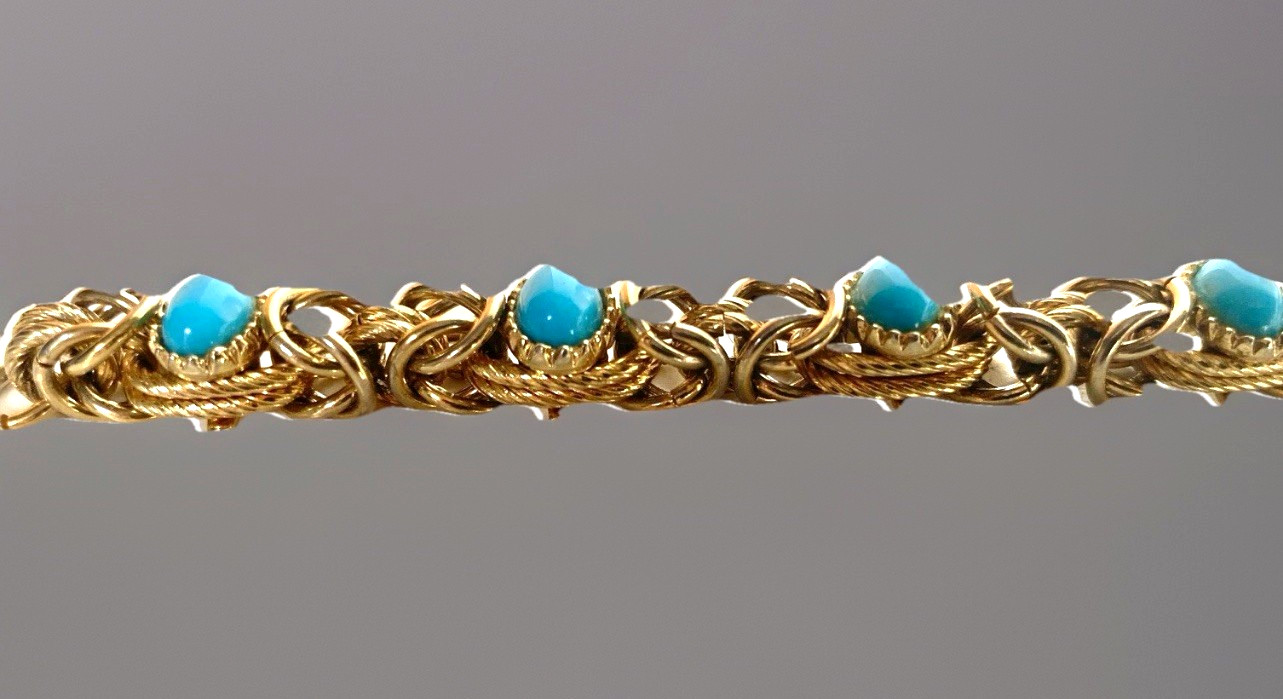 Small Vintage Gold Tone Byzantine Style Faux Turquoise Link Bracelet 6-1/4″ Long