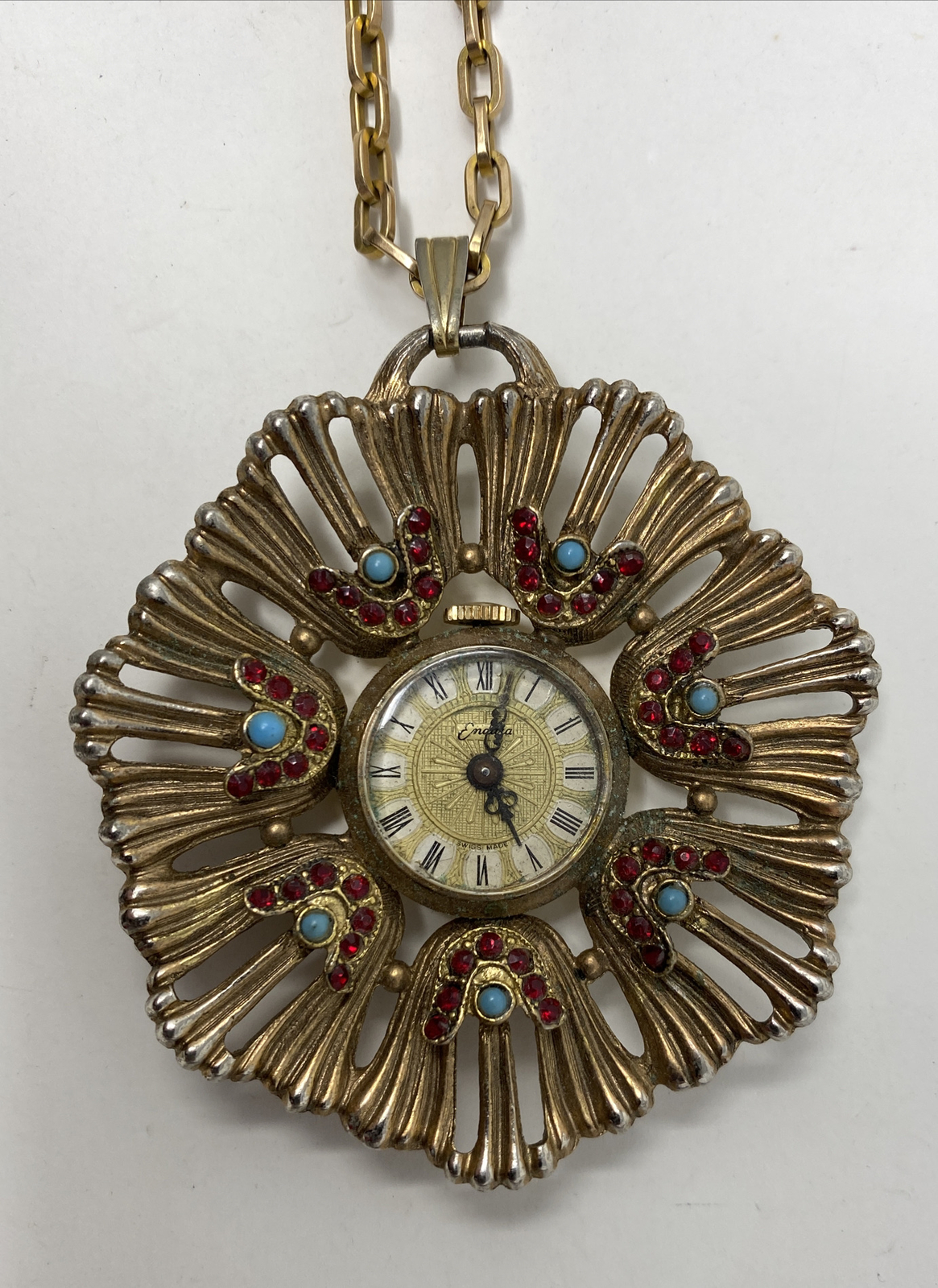 Fabulous Vintage Endura Rhinestone Faux Turquoise Ruby Pendant Watch Necklace