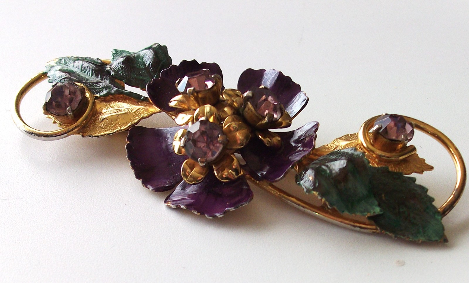 Lg.Sterling silver,Gold tone,enamel,vintage brooch,flower,purple,crystals,