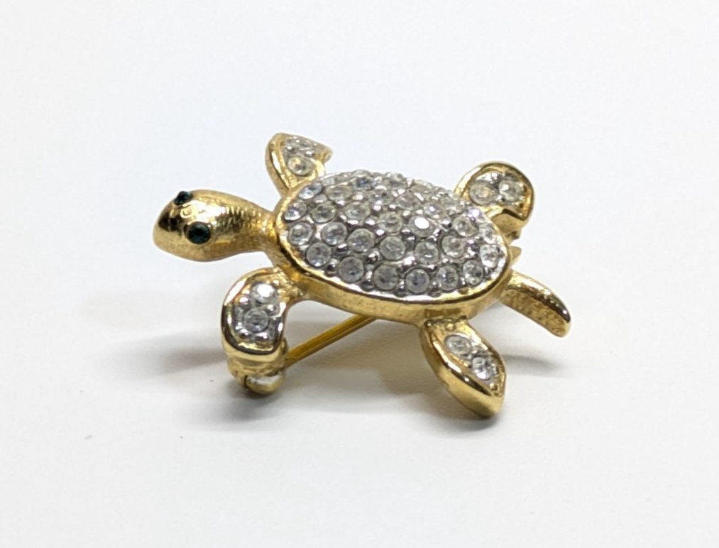 VTG Joan Rivers Pave Rhinestone Shell Gold Tone Baby Turtle Brooch Pin 1″