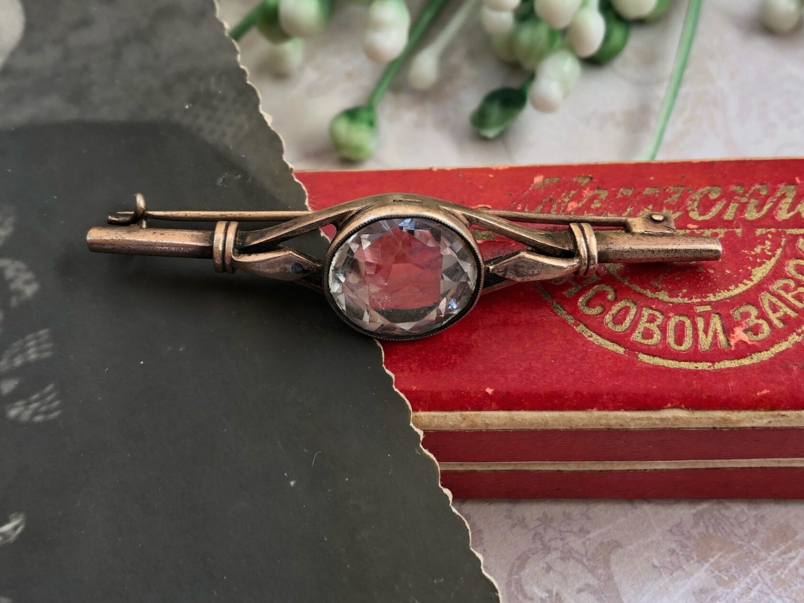 Estate Jewelry Soviet Vintage Brooch Gilt Sterling Silver 875 Rock Crystal USSR
