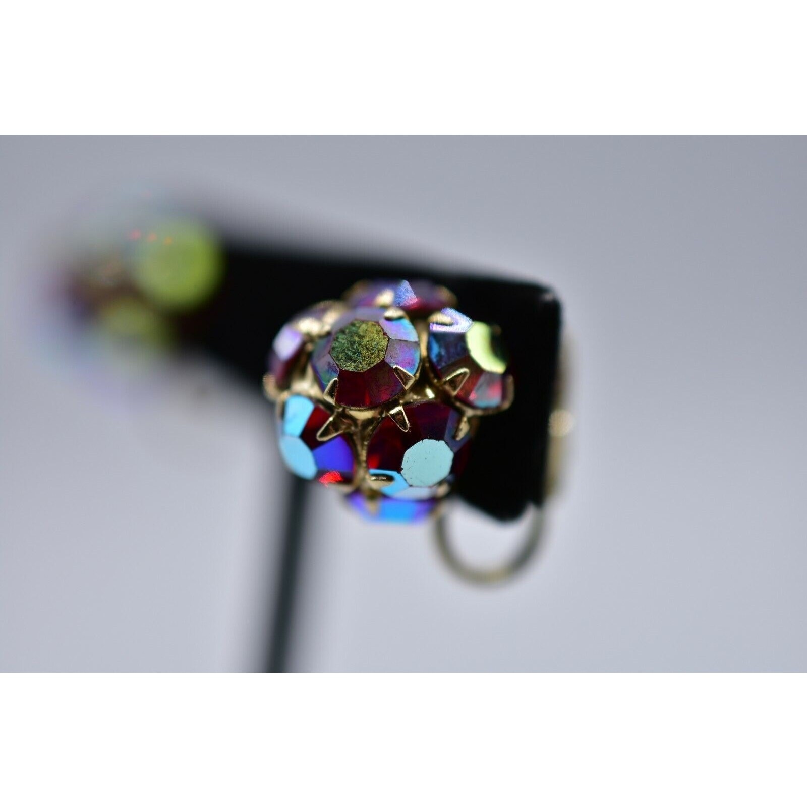 Kramer Vintage Crystal Clip On Earrings Red Aurora Borealis Signed 1950s Bin4